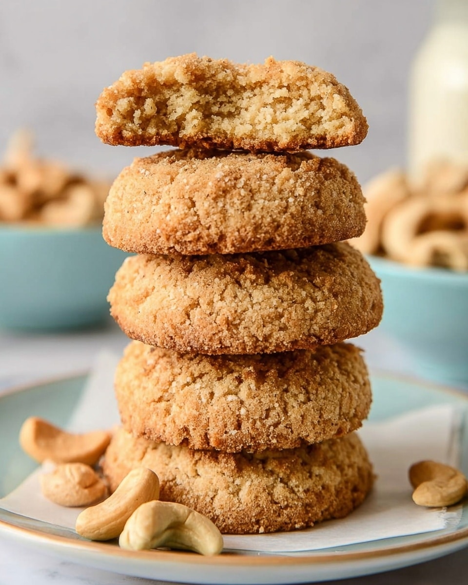 A stack of five golden-brown cookies with a rough, crumbly texture is placed on a white plate on top of white parchment paper. The top cookie is broken in half, showing a soft, slightly chewy interior with a light caramel color. Around the plate, a few whole cashew nuts are scattered. In the blurred background, there is a light blue bowl filled with more cashews, all set on a white marbled surface. photo taken with an iphone --ar 4:5 --v 7
