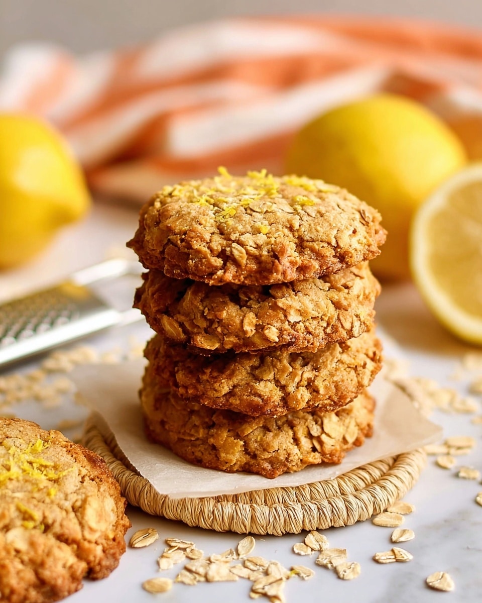 A stack of three thick, golden-brown cookies sits centered on a piece of parchment paper over a braided straw coaster. Each cookie is rough-textured with visible oats and small bits of lemon zest scattered on top and around them. To the left are more cookies and oat flakes spread on a white marbled surface, while in the background to the right, a striped orange and white cloth is softly folded. Behind the stack, two halved bright yellow lemons and a lemon grater add a fresh touch to the scene. Photo taken with an iphone --ar 4:5 --v 7