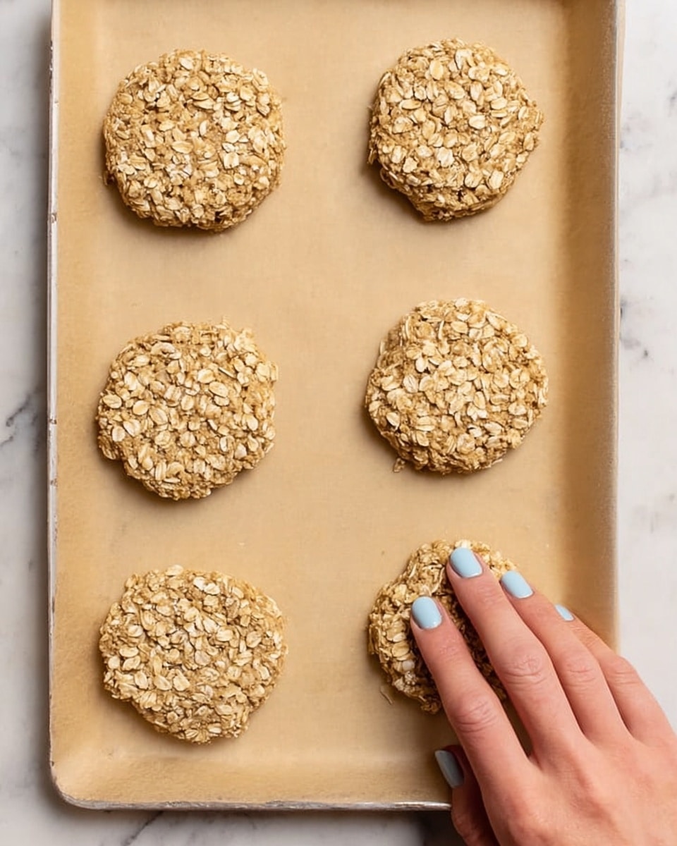 The image shows six round, flat oatmeal cookie dough pieces placed evenly on a baking paper-lined tray. Each piece has a rough texture with rolled oats clearly visible on the surface, giving a light tan and beige color mix. A woman's hand with light blue painted nails is gently pressing down the bottom right cookie dough circle, adding a homemade touch to the scene. The tray is set on a white marbled surface that adds a clean, bright background. photo taken with an iphone --ar 4:5 --v 7