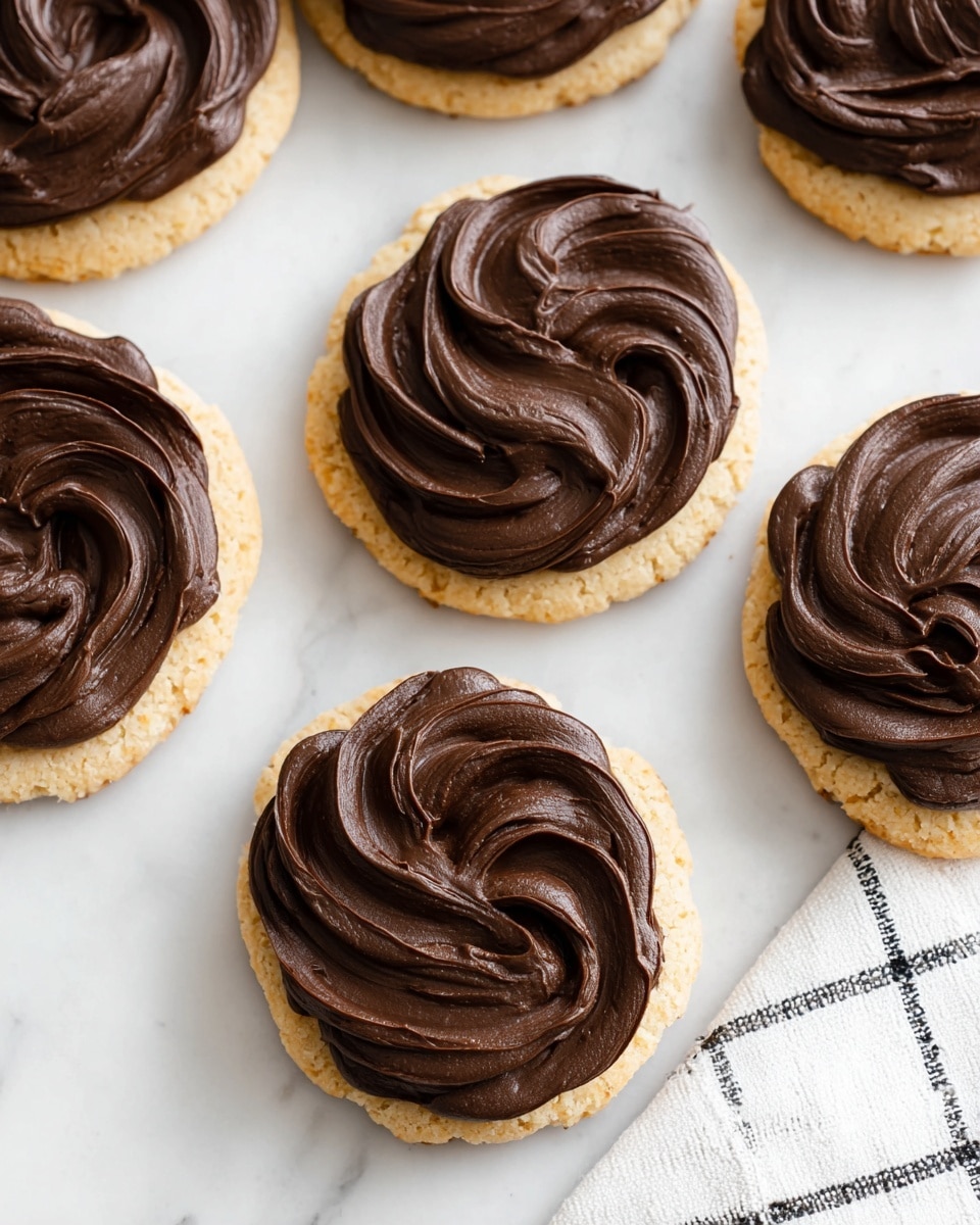 The image shows several cookies topped with a thick layer of dark chocolate frosting. Each cookie has two layers: a golden-brown soft cookie base with a rough crumb texture, and a smooth, rich chocolate frosting swirled on top in thick, glossy waves. One cookie is stacked on another and partially broken to show the inside, revealing the soft, chewy cookie texture. The cookies are placed on a white marbled surface, with a soft background that makes the cookies the clear focus. The photo taken with an iphone --ar 4:5 --v 7