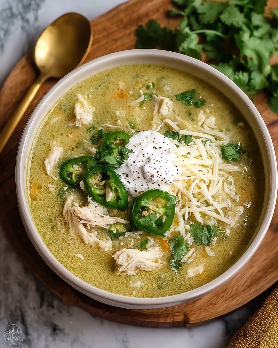 A bowl of creamy green chili chicken soup is shown, with a light greenish-yellow broth filling the white bowl. Inside the soup, there are chunks of white chicken and thin slices of green chili scattered throughout. On top, there is a small dollop of white sour cream in the center, sprinkled with black pepper. Around the sour cream, shredded cheese and fresh chopped green cilantro leaves are added as garnish. The bowl sits on a wooden board with a gold spoon in the background, all set on a white marbled surface. photo taken with an iphone --ar 4:5 --v 7