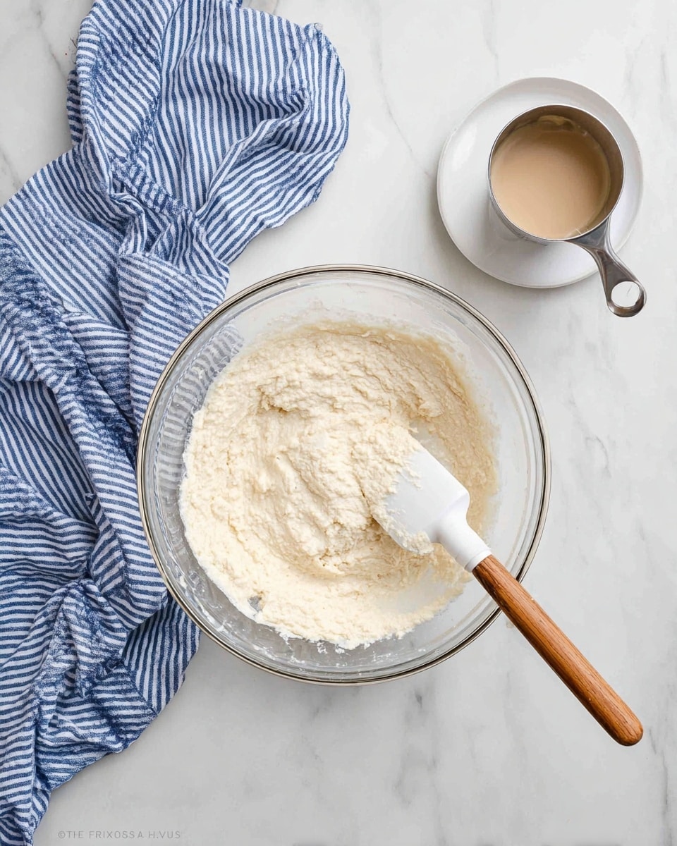 The image shows a clear glass bowl filled with a thick, creamy, off-white batter with a slightly lumpy texture in the center. A mixing spatula with a wooden handle and white silicone tip is resting inside the bowl, partially covered in the batter. To the upper right of the bowl, there is a small white plate holding a metal measuring cup filled with a smooth, beige liquid. On the left side of the image, a blue and white striped cloth is casually draped on a white marbled surface, adding a soft texture contrast. The overall scene is clean and bright. photo taken with an iphone --ar 4:5 --v 7
