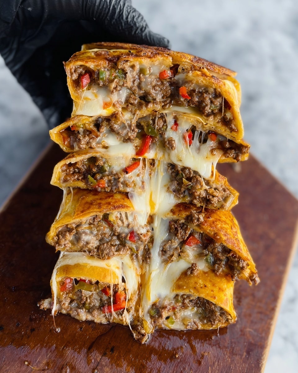 The image shows four thick slices of a stuffed dish held upright by a woman’s hand wearing a black glove. The outer layer is a golden-brown baked crust that looks crispy. Inside, several layers are visible: a soft melted cheese layer stretches out in long strings connecting each slice, covering a mix of cooked ground meat with small pieces of red and green peppers and onions. The layers have a rich mix of light brown and orange colors, with the cheese adding a smooth, creamy texture. The background is a white marbled surface, highlighting the warm colors of the food. photo taken with an iphone --ar 4:5 --v 7