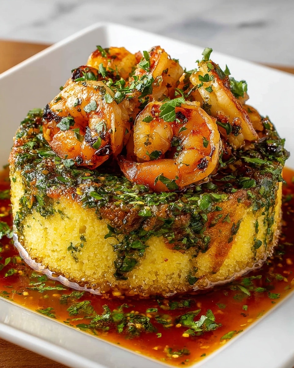 A single round, thick cake made of yellowish, textured polenta with visible green herbs spread throughout forms the bottom layer, topped with a layer of juicy, golden-orange cooked shrimp arranged in a small cluster. The shrimp have slight grill marks and are sprinkled with finely chopped green herbs. Surrounding the base of the polenta cake is a pool of rich, reddish-brown sauce with herbs floating in it. A sprig of fresh parsley is placed in the middle on top, adding a bright green contrast. The dish is served on a white plate, set against a white marbled background. photo taken with an iphone --ar 4:5 --v 7