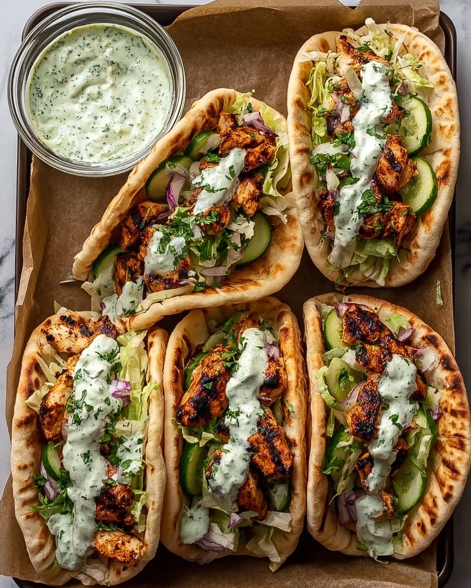 Four pita sandwiches sit on a baking tray lined with brown parchment paper, each filled with layers of grilled chicken pieces that are charred with dark brown spots, shredded pale green lettuce, thin slices of cucumber, and bits of red onion. On top of each sandwich is a light green and white sauce with visible green herbs, drizzled generously. The pitas are thick, soft, and golden with browned edges. To the left side of the tray, there is a small clear bowl filled with the same herb sauce. The photo is taken on a surface with a white marbled texture. Photo taken with an iphone --ar 4:5 --v 7
