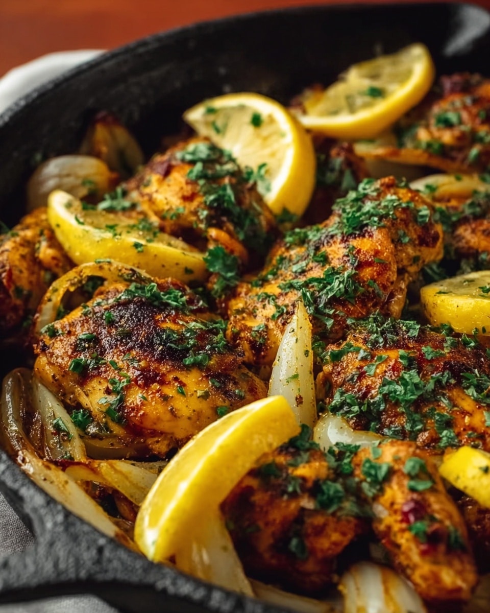 A close-up image of a black cast iron pan filled with cooked chicken pieces that have a golden-brown crust, covered with green chopped herbs. Between the chicken, there are several slices of bright yellow lemon and cooked onion wedges that are translucent with browned edges, all mixed together in the pan. The chicken pieces vary in shape and size, some showing a slightly charred surface. The background has a soft focus, drawing attention to the textured and colorful food inside the pan. Photo taken with an iphone --ar 4:5 --v 7