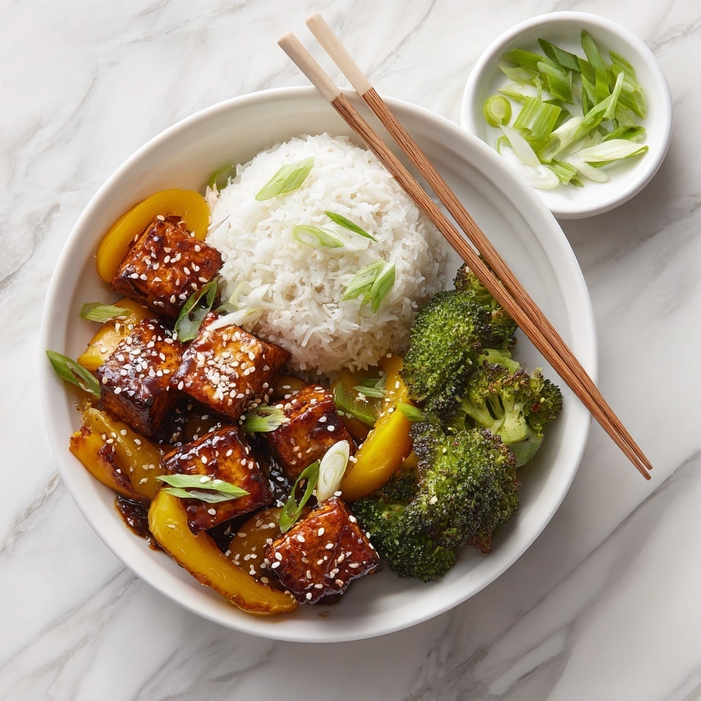 A white bowl holds a visually appealing dish with three main parts: a mound of fluffy white rice in the center, large golden-brown tofu pieces coated in a dark glossy sauce with sliced yellow bell peppers scattered among them, and a bright green broccoli cluster on the side. The tofu pieces are sprinkled with white sesame seeds and thin slices of green onion, adding texture and color contrast. Light wooden chopsticks rest diagonally on the edge of the bowl. Nearby, a small white bowl contains more sliced green onions, all set against a white marbled surface. Photo taken with an iphone --ar 4:5 --v 7