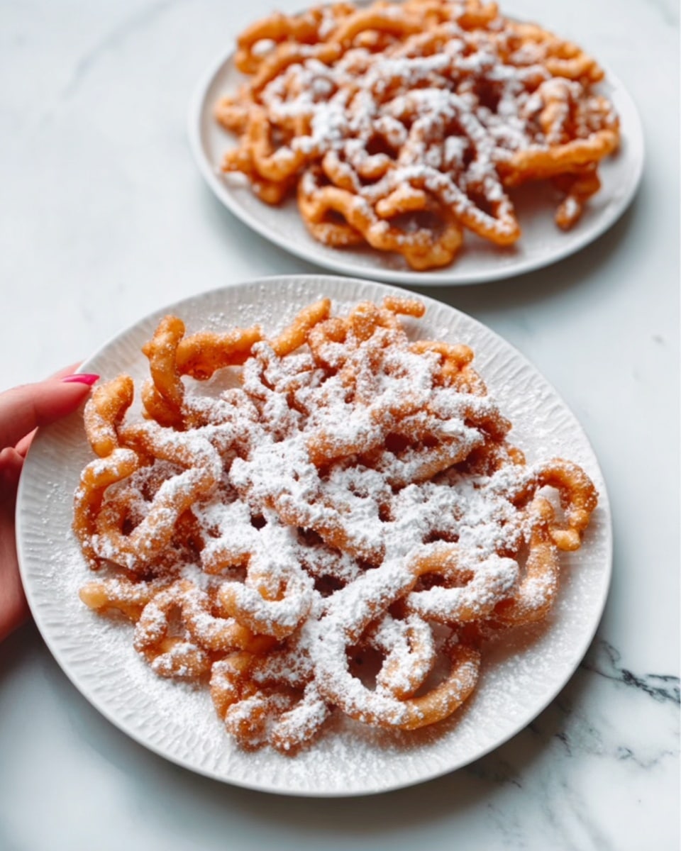 The image shows two white plates on a white marbled surface, each holding a single funnel cake. The funnel cake on the plate in the front is golden brown with a crisp texture and is sprinkled generously with white powdered sugar, contrasting well against the warm color of the cake. The shapes of the funnel cake are irregular loops and twists, creating an airy and light appearance. In the back, a second plate with a similar funnel cake is partially visible. A woman’s hand is holding one of the plates from the side, adding a touch of human interaction to the scene. Photo taken with an iphone --ar 4:5 --v 7