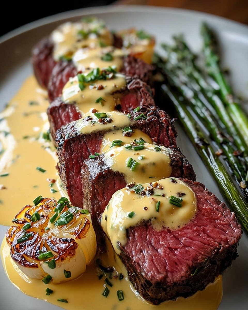 The dish shows four thick slices of medium-rare steak arranged in a row on a white plate, each slice topped with a smooth, creamy yellow sauce sprinkled with small green herbs and black pepper, creating a glossy texture over the pink and browned meat. At the far end of the plate, several long, slender green vegetables lie parallel to the steak, partially covered with the same sauce. On the side near the front, there is a roasted garlic bulb with a golden-brown caramelized top, its surface slightly shiny and dotted with bits of green herb. The creamy sauce pools around the steak and vegetables, blending softly into the white marbled textured surface below. photo taken with an iphone --ar 4:5 --v 7