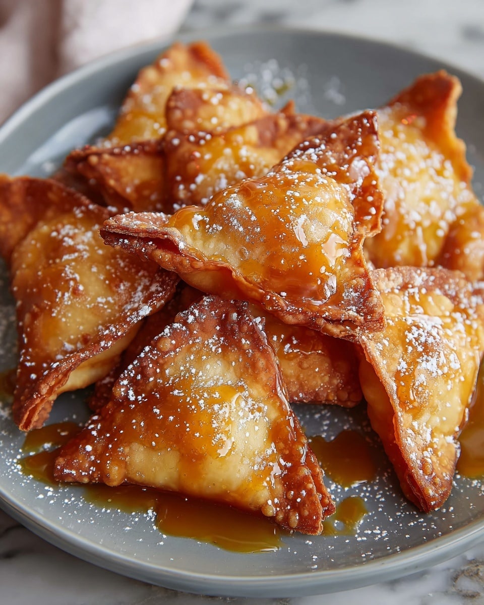 A grey plate holds about eight golden brown fried triangular pastries, each with crispy edges and slightly puffed centers. The pastries are drizzled unevenly with amber caramel sauce that glistens under the light. White powdered sugar is lightly sprinkled over the pastries, adding a soft contrast to their shiny, caramel-coated surfaces. The plate is set on a white marbled texture that softly reflects the warm tones of the food. photo taken with an iphone --ar 4:5 --v 7