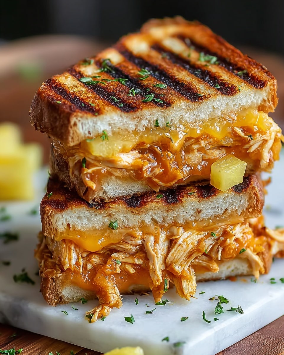 A close-up view of a grilled sandwich stacked in two halves on a white marbled surface with a wooden board underneath. The sandwich has three layers of toasted bread with clear dark grill marks, each slice golden-brown and crisp. Between the layers, there is melted orange cheese oozing out, mixed with shredded cooked chicken that has a slightly glazed look from seasoning and sauce. Small golden-yellow pieces of pineapple add a juicy texture to the filling. The sandwich is garnished with tiny green herb bits scattered around. Photo taken with an iphone --ar 4:5 --v 7