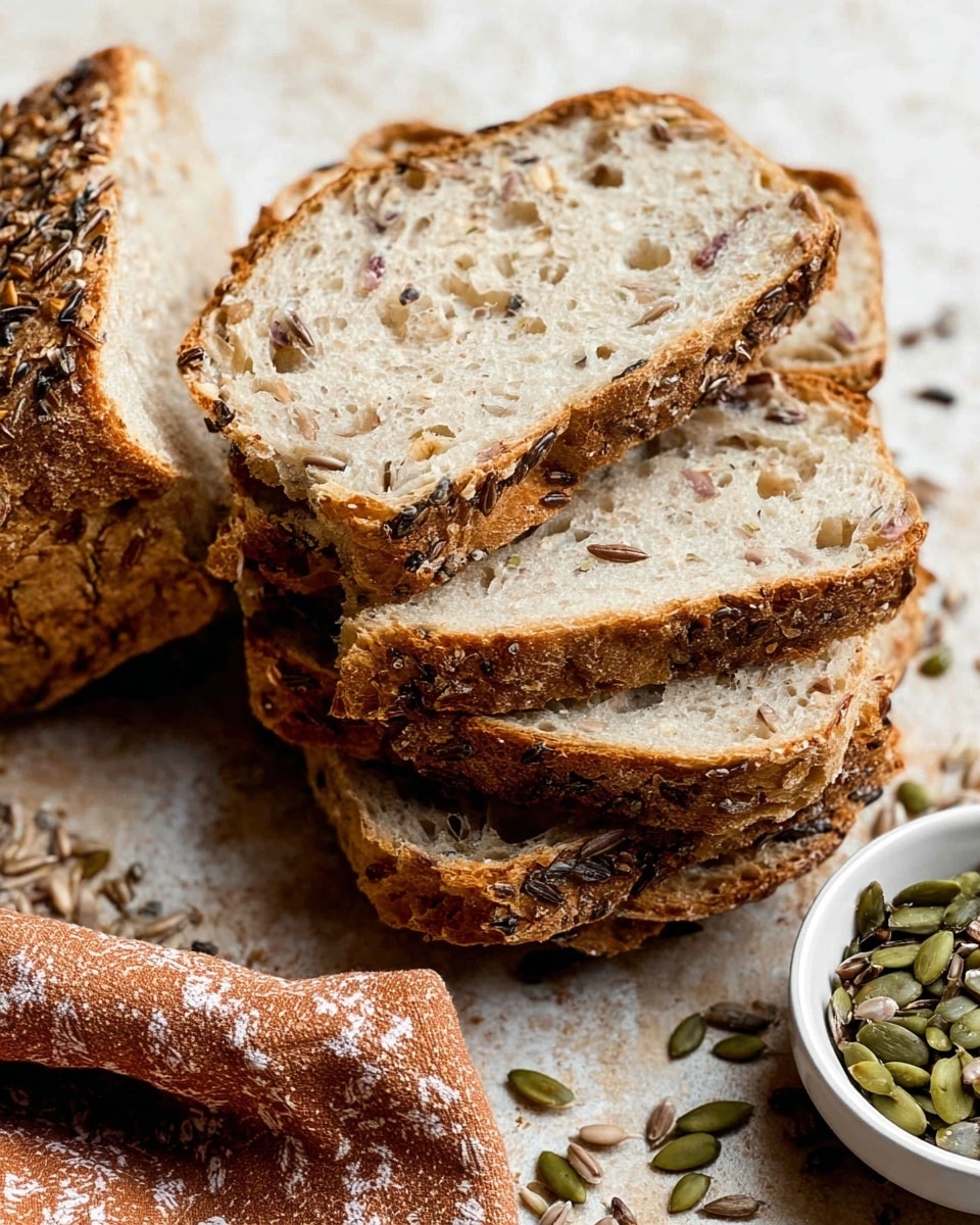 The image shows several slices of multigrain bread stacked in a loose pile on a surface with a white marbled texture. Each slice has a light beige inside with a soft, airy texture filled with visible seeds and grains like sunflower and flax seeds, giving it a speckled look. The crust is thick and golden brown with a rough texture and scattered seeds, contrasting with the soft inside. On the bottom right corner, there is a small white bowl filled with green pumpkin seeds and other mixed seeds, adding an earthy green color to the image. A piece of brownish-orange cloth with white patterns is partially seen next to the bowl. Photo taken with an iphone --ar 4:5 --v 7