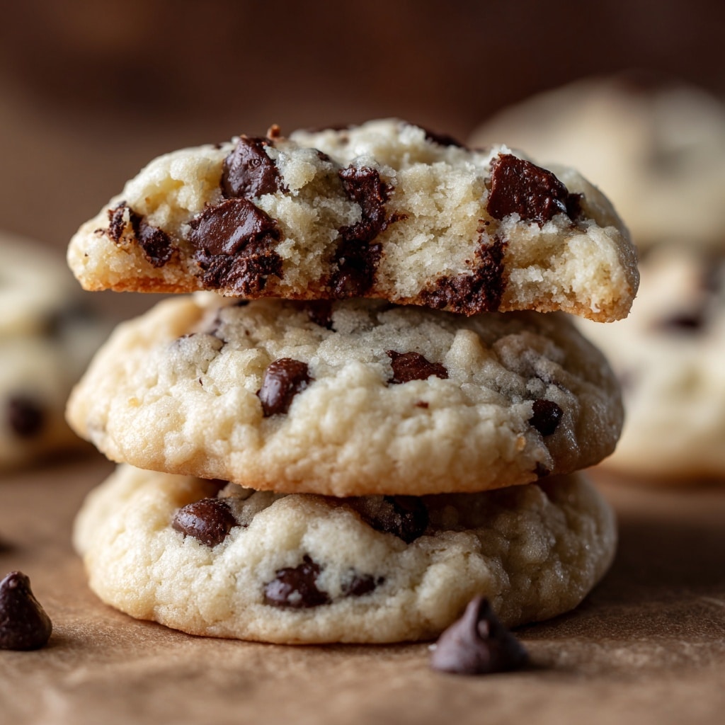 A close-up of a stack of three soft-looking cookies on a brown surface, each cookie white with small dark brown chocolate chips scattered throughout. The top cookie is broken in half, showing a moist, chewy inside with more melted chocolate chips, while the bottom two cookies have a slightly ridged texture on top. There are a few loose chocolate chips around the cookies, and in the background, a white marbled texture is faintly visible. Photo taken with an iphone --ar 4:5 --v 7