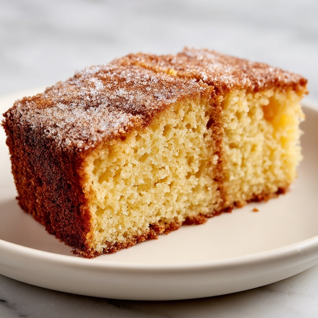 A close-up view of a sliced, single-layered loaf cake with a light golden-brown color and a soft, airy texture inside. The top of the cake is coated with a fine layer of sugar and cinnamon, giving it a slightly rough and sparkling surface. The cake is placed on a white marbled surface, with some loose sugar and a cinnamon stick nearby. A partial view of a white plate holding another slice is visible on the left side. Photo taken with an iphone --ar 4:5 --v 7