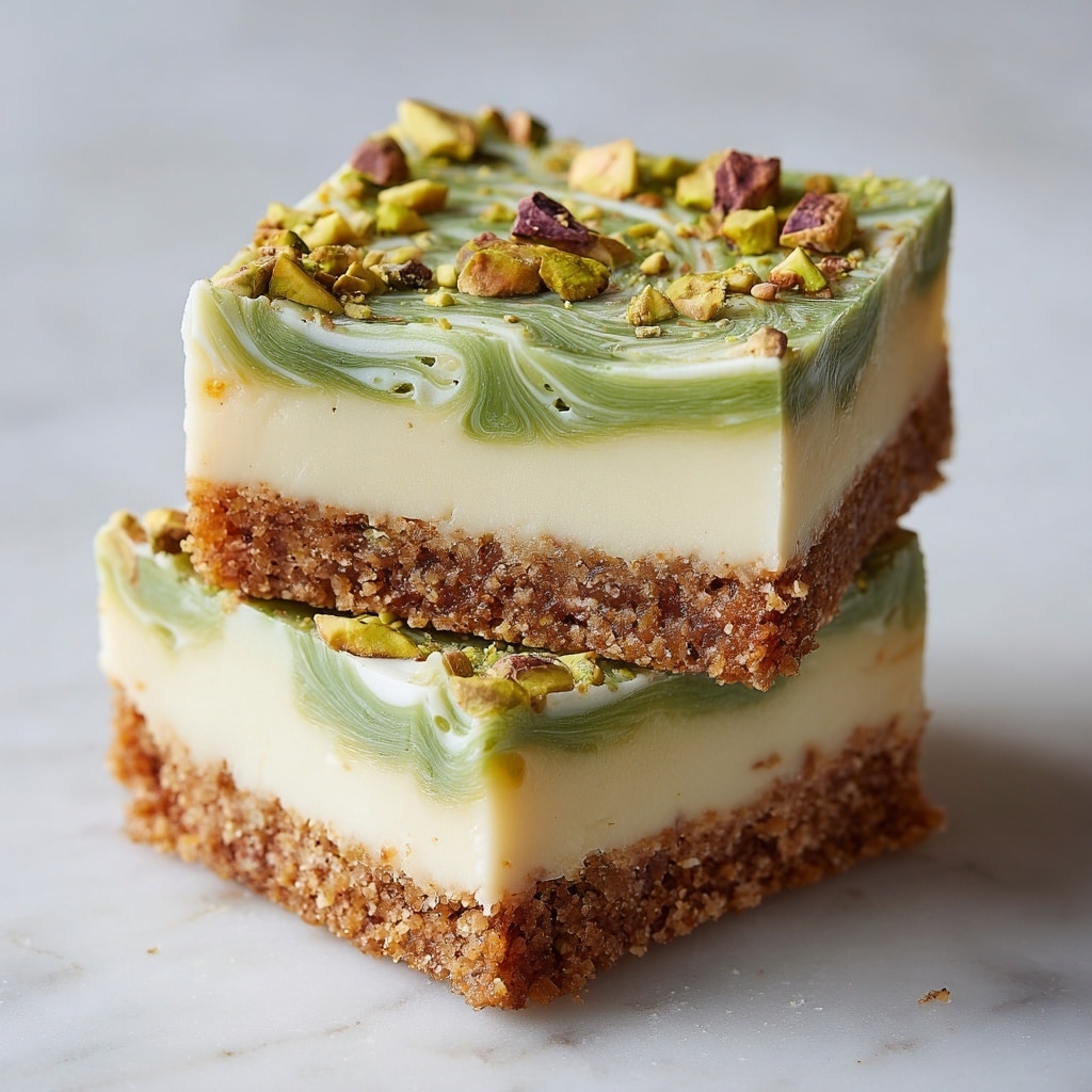 The image shows a stack of five square slices of pistachio cheesecake bars on a wooden board with a white marbled surface underneath. Each bar has three visible layers: a bottom light brown crunchy crust, a thick middle cream cheese layer that is white and smooth, and a top pistachio layer that is green and slightly crumbly with small pistachio pieces embedded within. The top also has chopped pistachio nuts sprinkled over it, adding texture and detail. The bars are stacked unevenly, giving a sense of height and depth, with four bars at the bottom and one bar on top. The background is simple and blurred, allowing the focus to remain on the dessert. Photo taken with an iphone --ar 4:5 --v 7