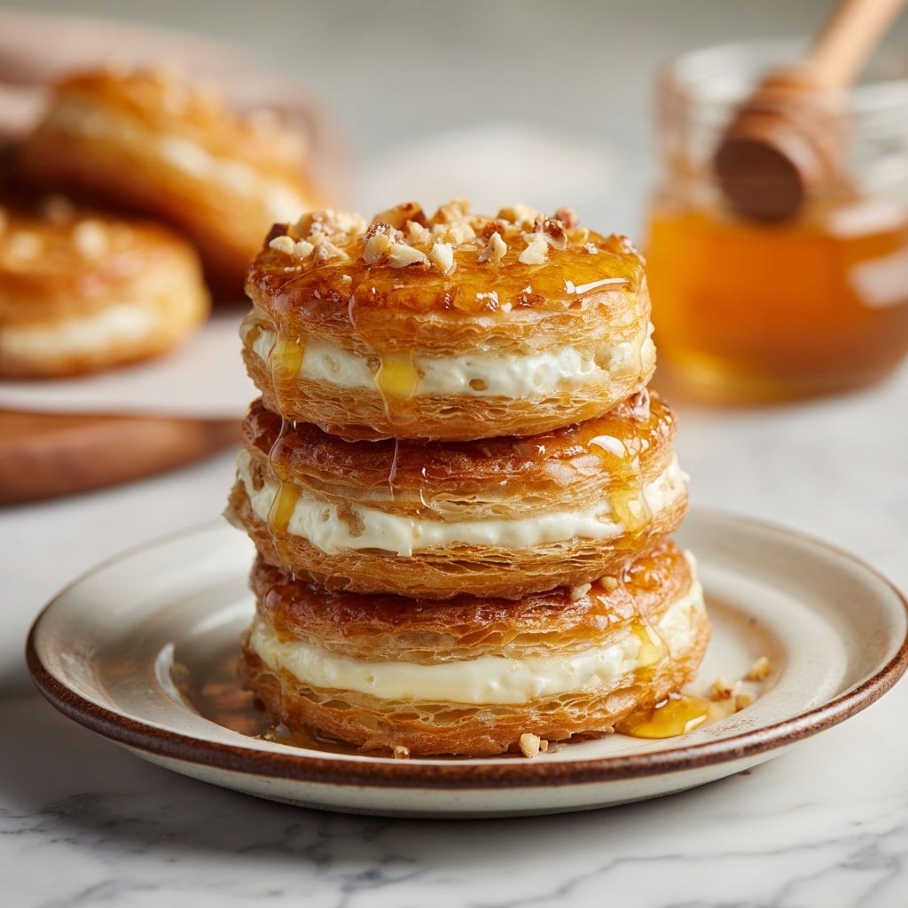 The image shows a stack of round layered pastries on a white plate with a slightly worn rim. Each pastry has multiple thin, crispy golden-brown layers on the top and bottom, with a creamy white filling in the middle. The top is covered with a shiny golden honey glaze, and small pieces of chopped nuts are sprinkled on top and around the plate. The background is blurred, showing more pastries on a plate and a honey dipper, all placed on a white marbled surface. Photo taken with an iphone --ar 4:5 --v 7