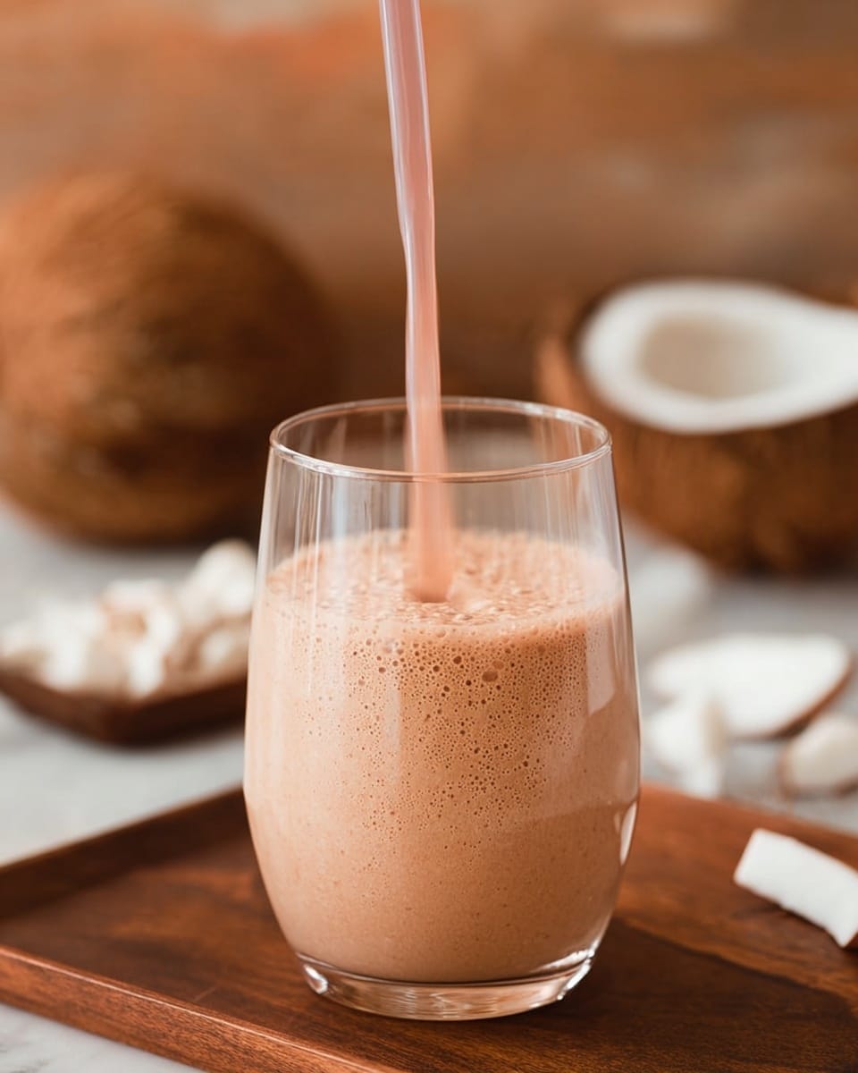A close-up view of a thick chocolate smoothie in a clear glass, with a frothy, bubbly surface sprinkled with tiny chocolate or cocoa powder bits. The smoothie has a rich brown color with a slightly uneven texture, and there are thin streaks of chocolate dripping down the inside sides of the glass. The background shows a simple wooden surface, but the focus is solely on the glass and its creamy, dense chocolate contents. photo taken with an iphone --ar 4:5 --v 7