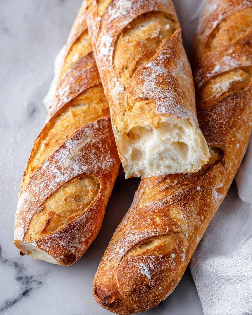 The image shows three golden brown baguettes with a crisp, crunchy crust dusted lightly with white flour. Each baguette has multiple diagonal slashes on top, exposing the soft, fluffy white bread inside. One baguette is broken in the middle, revealing the airy and tender crumb texture. The bread is placed on a white marbled surface next to a white cloth. Photo taken with an iphone --ar 4:5 --v 7