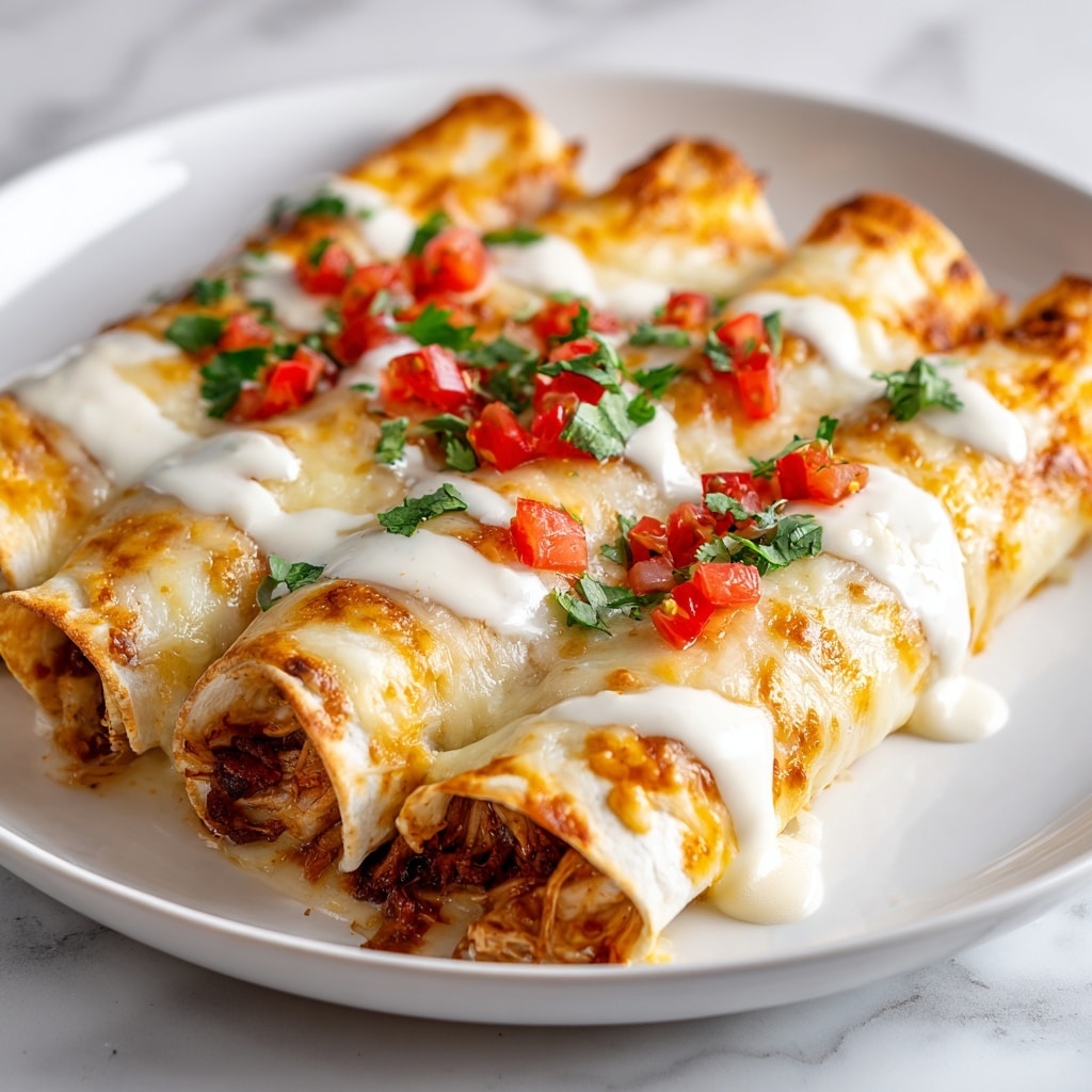 Four rolled enchiladas filled with shredded chicken are placed side by side on a white plate. The enchilada tortillas are golden brown with a soft, slightly crispy texture. They are covered with a layer of melted white cheese that drapes over each roll. On top of the cheese, small diced red tomato pieces and finely chopped green cilantro leaves are scattered for garnish. The plate rests on a white marbled surface. photo taken with an iphone --ar 4:5 --v 7