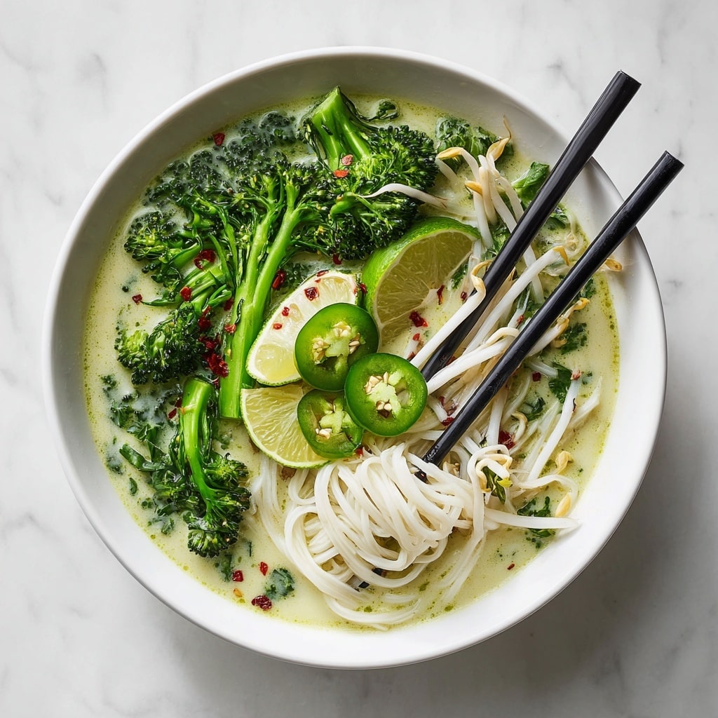 A white bowl filled with a creamy light green broth forms the base layer, topped with bright green leafy greens and broccolini stems spread on one side. Thin white noodles sit in the center, twirled around dark wooden chopsticks held by a woman's hand, lifting them from the soup. A lime wedge with a bright green peel floats near the leafy greens, and bean sprouts with white stems and yellow tips fill one section of the bowl. Red chili flakes are scattered over the soup, adding spots of deep red color. The bowl rests on a white marbled surface with a soft white cloth nearby. Photo taken with an iphone --ar 4:5 --v 7