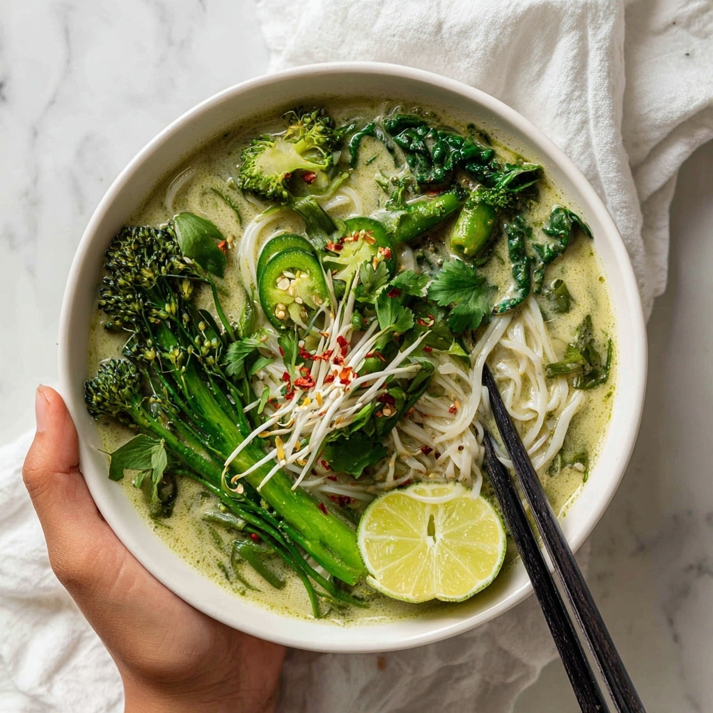 A white bowl filled with a green broth soup showing light yellow-green creamy liquid as the base layer, floating thin white noodles twisted around dark brown chopsticks in the center. On top and to the sides are bright green leafy spinach, a lime wedge with fresh seeds, sliced green chili, and vibrant green broccolini. There are scattered red chili flakes adding spots of red color over the soup and noodles. Some white bean sprouts are placed on the right side of the bowl. The bowl is set on a white marbled surface. photo taken with an iphone --ar 4:5 --v 7