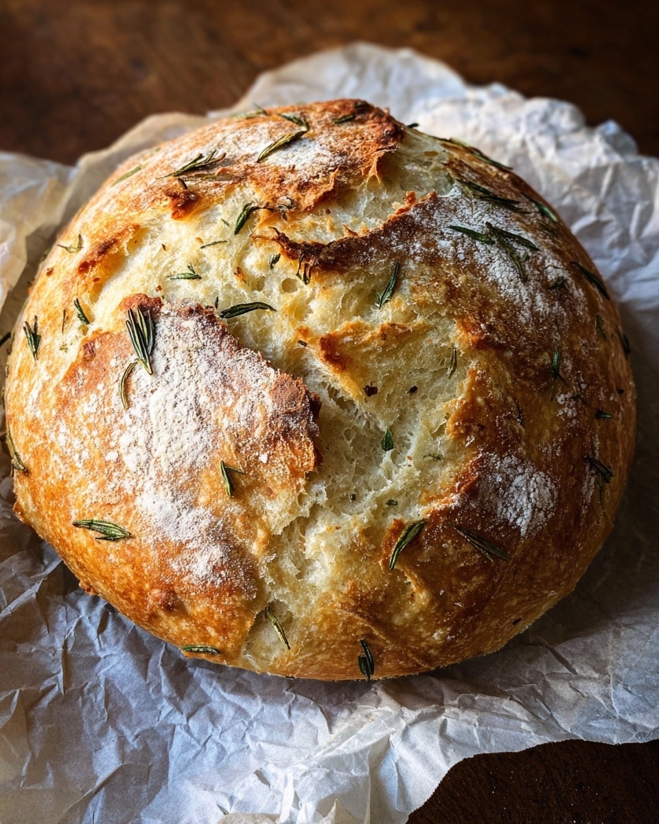 A round loaf of bread with a golden-brown crust and a rough texture sits on light brown parchment paper. The bread has irregular cracks and openings on its surface, revealing a soft, airy inside with a white color. Small dark green rosemary sprigs are scattered on top, some slightly embedded in the crust, adding a natural decorative touch. The loaf's surface also shows white flour dusted in some areas, enhancing its rustic look, all placed on a white marbled texture surface. photo taken with an iphone --ar 4:5 --v 7