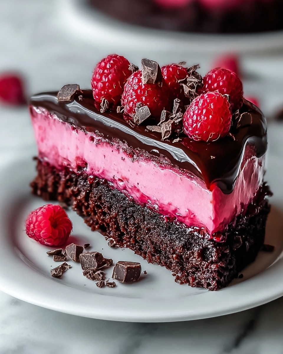 A single slice of cake is presented on a white plate with a thin silver rim, sitting on a white marbled surface. The cake has three visible layers: the bottom layer is a dark, moist chocolate crumb cake with a slightly rough texture; above it is a smooth, bright pink creamy layer that looks thick and rich; the top layer is a glossy dark chocolate ganache that reflects light, giving a shiny appearance. On top of the ganache, there are several fresh bright red raspberries clustered together, accompanied by irregular dark chocolate pieces scattered around both on the cake and plate. The overall look is vivid with strong contrasts between pink, dark brown, and red. photo taken with an iphone --ar 4:5 --v 7