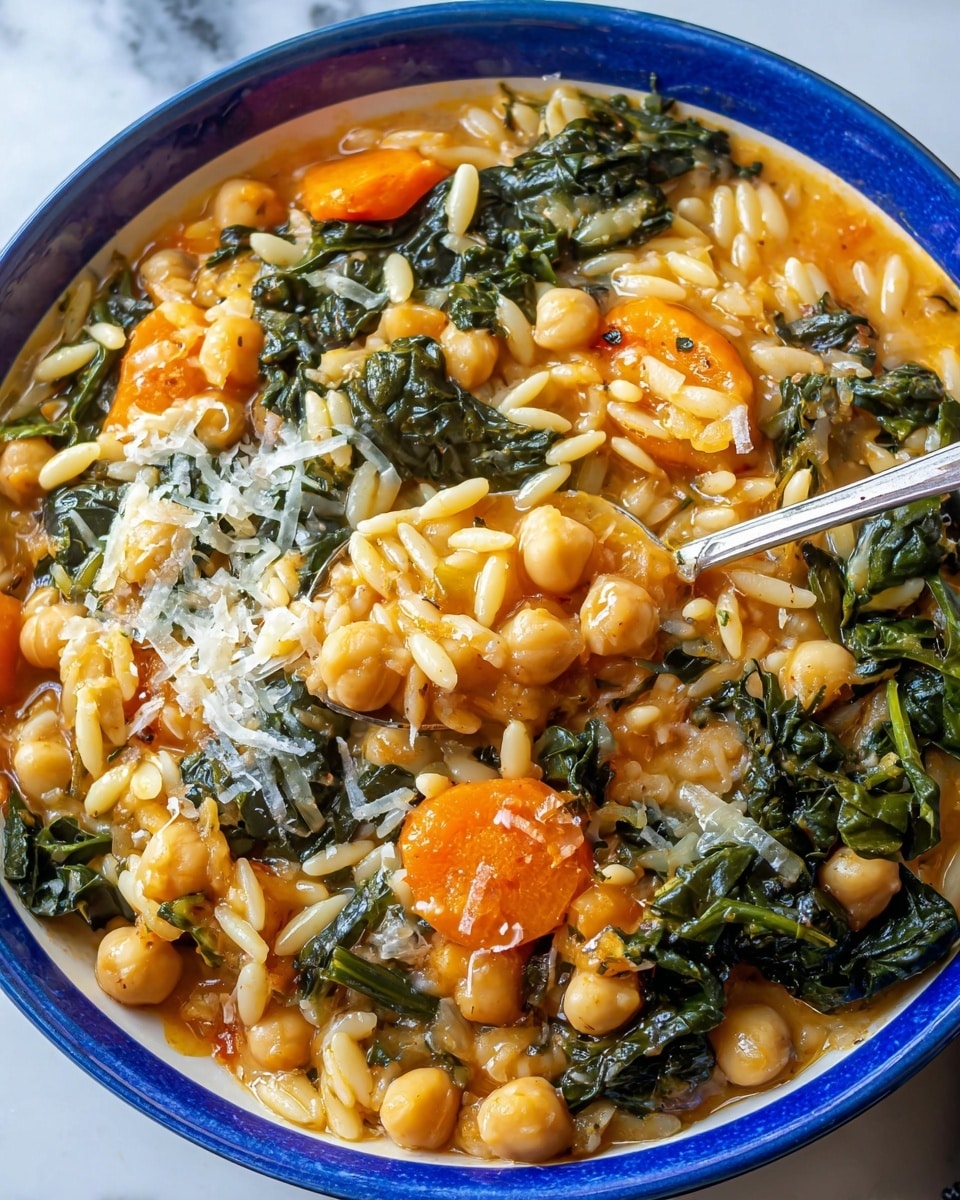 A white pot with bright blue handles is filled with a vibrant stew made of light orange broth, visible plump chickpeas, thin orange carrot slices, dark green leafy vegetables, and small pale yellow orzo pasta mixed evenly throughout. A silver spoon is partially dipped into the stew on the right side of the pot. The pot sits on a white marbled surface with a few fresh garlic cloves and a block of cheese on a wrinkle blue cloth nearby, and some leafy greens and dried flowers decorate the left side. The colors are warm and fresh with a cozy, home-cooked feeling. photo taken with an iphone --ar 4:5 --v 7