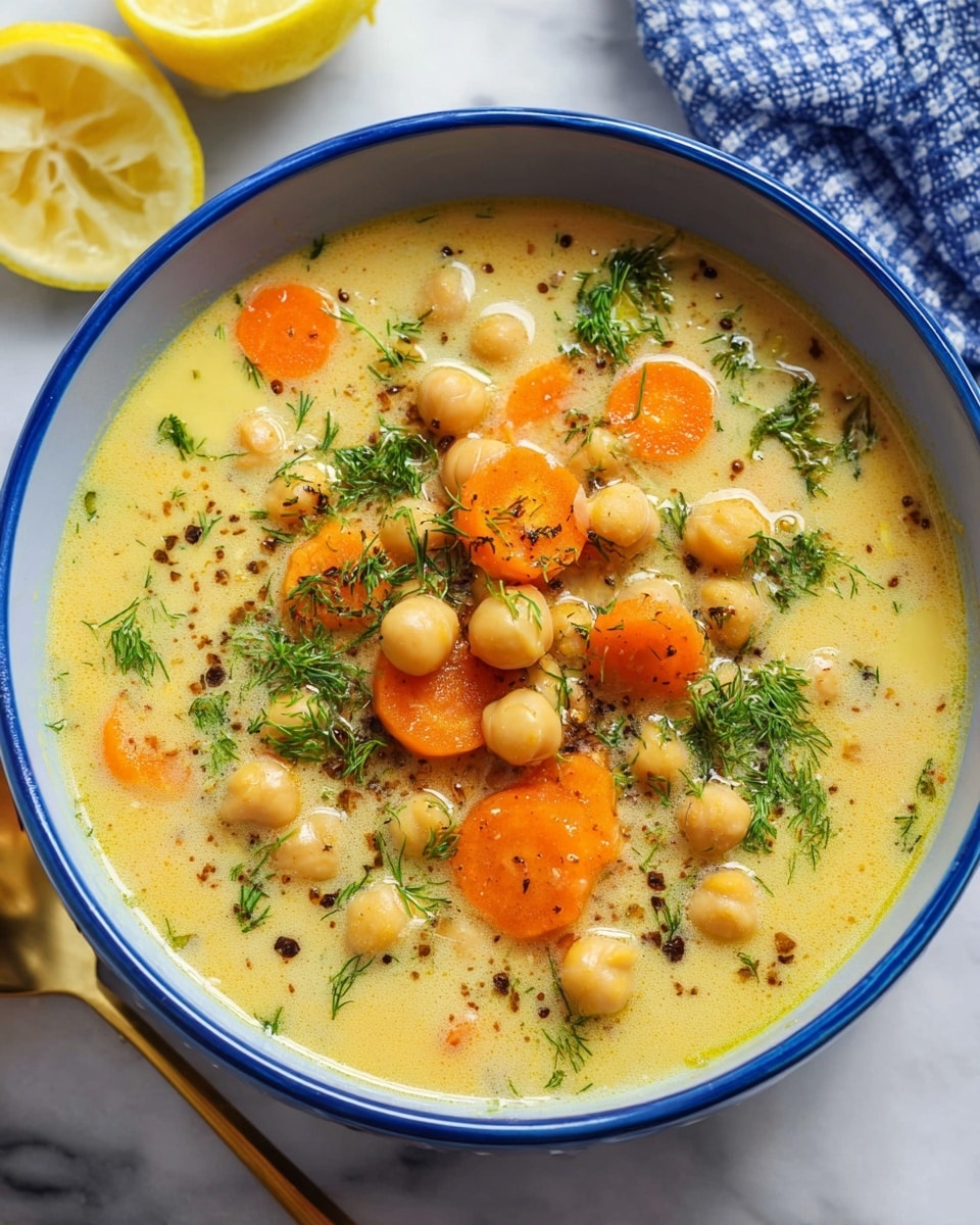 A white bowl filled with a creamy yellow soup with visible layers of chickpeas and carrot slices, the soup has a smooth, rich texture with small bubbles and a drizzle of oil on top. The chickpeas are pale beige and plump, sitting mostly in the center, while the thin orange carrot slices float scattered throughout. Finely chopped green herbs are sprinkled over the soup, adding a fresh, leafy contrast. A silver spoon, filled with the same soup and chickpeas, is resting inside the bowl slightly tilted towards the viewer. The bowl sits on a white marbled surface with a soft blue and white cloth partially visible on the right side. Photo taken with an iphone --ar 4:5 --v 7