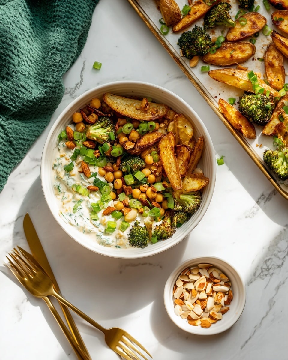 A white bowl with three layers: the bottom layer is a creamy white sauce mixed with green herbs, the middle layer is golden chickpeas and small roasted broccoli florets, and the top layer is roasted potato wedges with a golden-brown crispy texture, sprinkled with chopped green onions and small pieces of almonds. Next to the bowl is a white baking tray filled with the same roasted potatoes, chickpeas, and broccoli. On the right, a white small bowl with some chopped almonds sits on a white marbled surface, near a green cloth napkin with two golden forks resting on it. Bright natural light illuminates the scene, making the food look fresh and warm. Photo taken with an iphone --ar 4:5 --v 7