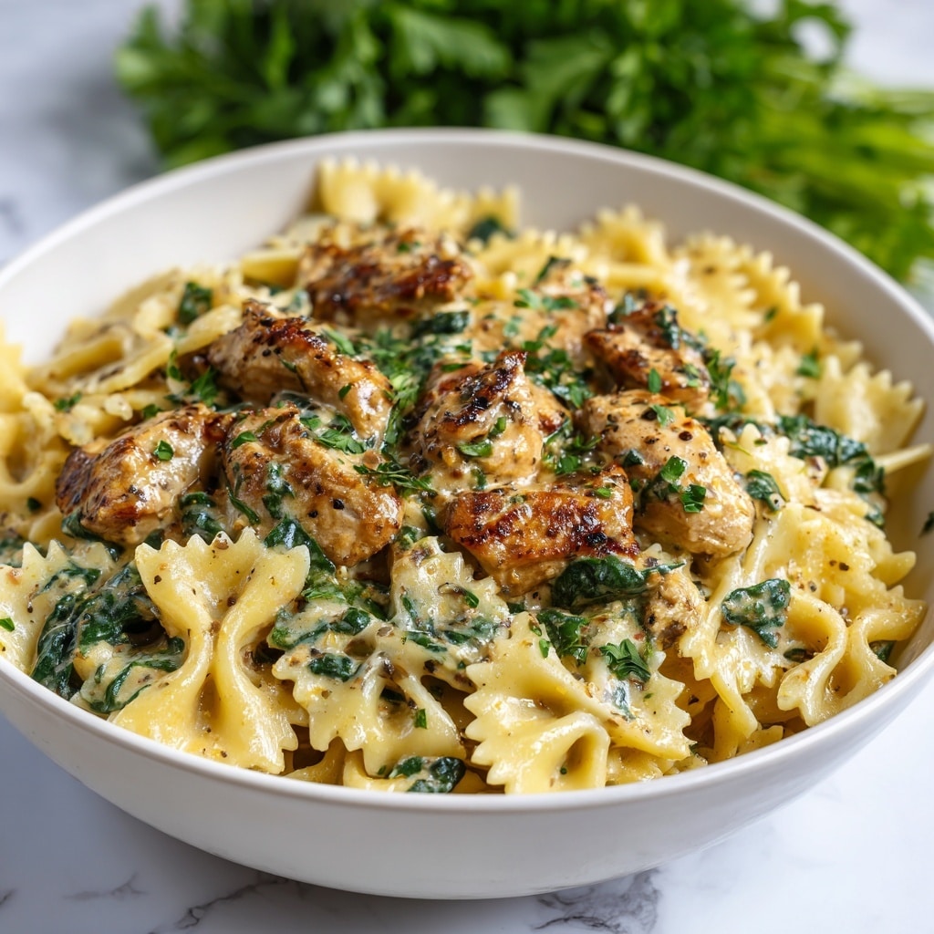 The image shows a white creamy pasta dish in a black pan with a silver handle. The pasta used is farfalle, coated in a thick yellow cream sauce flecked with small black pepper bits. Mixed into the sauce are chunks of cooked chicken pieces and scattered fresh spinach leaves, adding green color and texture contrast. In the background, there is a glass bowl filled with green spinach leaves on a white marbled texture. A striped cloth lies next to the pan on the same white marbled surface. photo taken with an iphone --ar 4:5 --v 7
