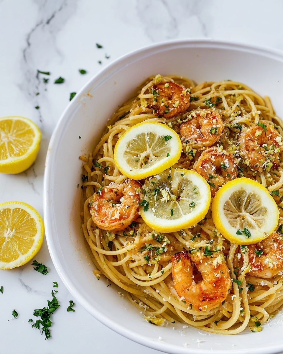 A white dish filled with a layer of cooked spaghetti noodles in a light sauce. On top of the noodles, there are several cooked shrimp with a golden-brown color and a slightly crispy texture. Thin lemon slices are placed on and around the shrimp, adding bright yellow circles to the dish. The entire dish is sprinkled with finely chopped green herbs and small bits of grated cheese. Around the dish, on the white marbled surface, are some extra lemon slices and scattered green herbs. photo taken with an iphone --ar 4:5 --v 7