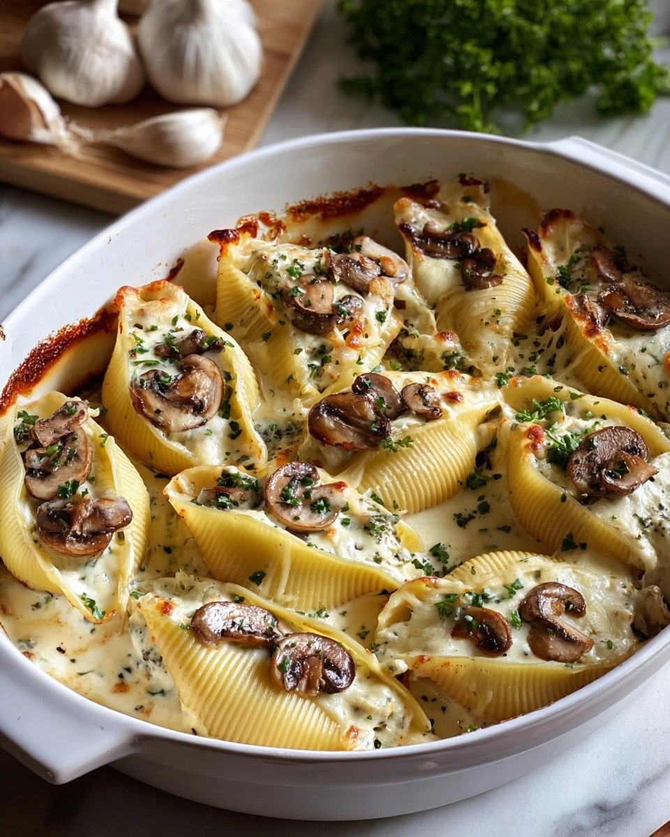 The image shows a white rectangular baking dish filled with large pasta shells stuffed with a creamy mixture, topped with melted cheese and sliced browned mushrooms. The shells have a pale yellow color with ridged texture, and the cheese on top is bubbly and slightly golden brown around the edges. Small green herbs are sprinkled over the dish, adding a touch of color. The dish is placed on a white marbled surface with blurred garlic and green herbs in the background. photo taken with an iphone --ar 4:5 --v 7