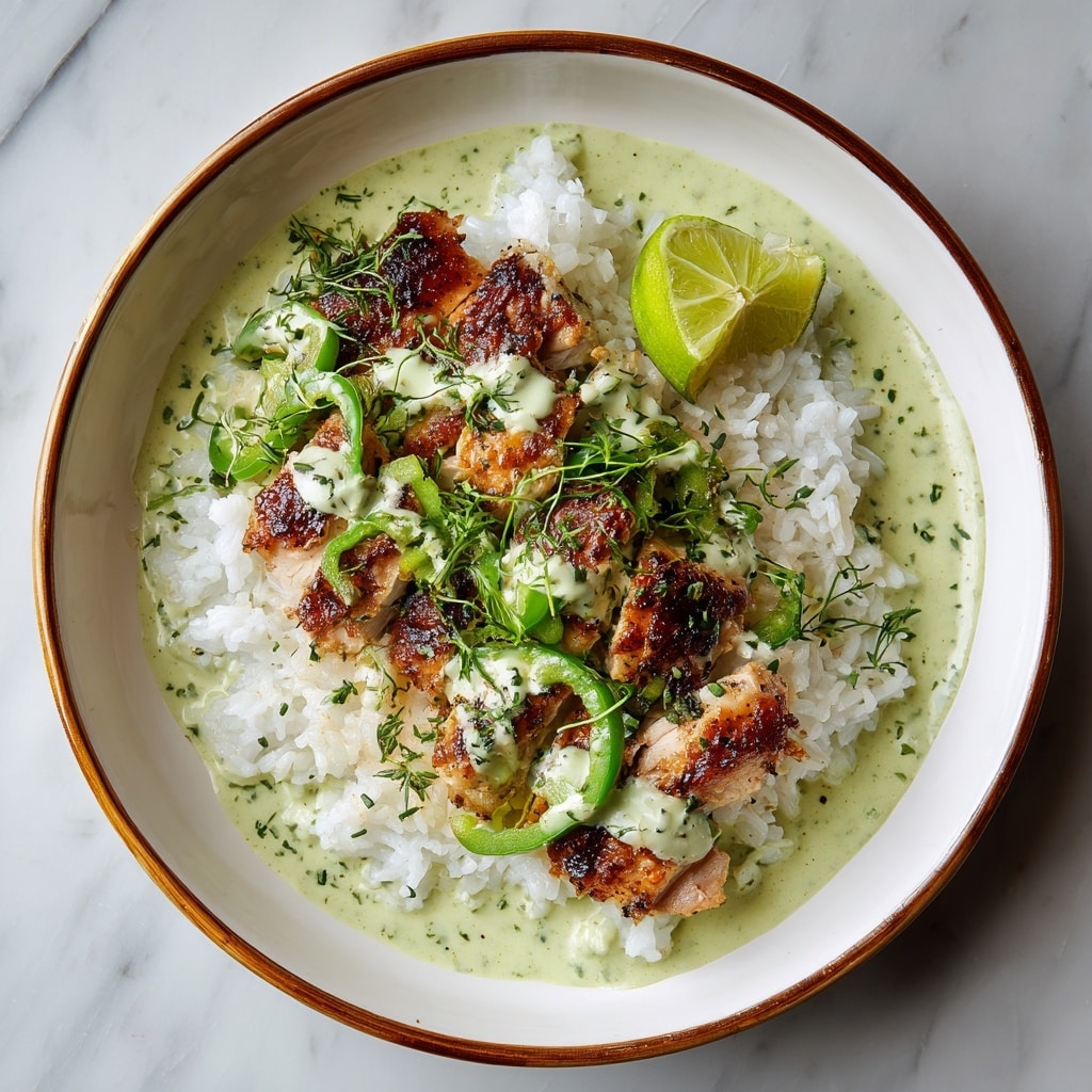 The image shows four golden-brown chicken breasts cooking in a creamy green sauce inside a metal pan. Each chicken breast is topped with thin slices of green peppers and sprinkled with finely chopped green herbs. The sauce has a smooth texture and light green color, gently surrounding the chicken pieces. The chicken breasts are placed close together, partially covered by the sauce, and the green pepper slices lay mostly on top of the chicken. The pan's shiny metal edge is visible, and the background is a white marbled texture. photo taken with an iphone --ar 4:5 --v 7