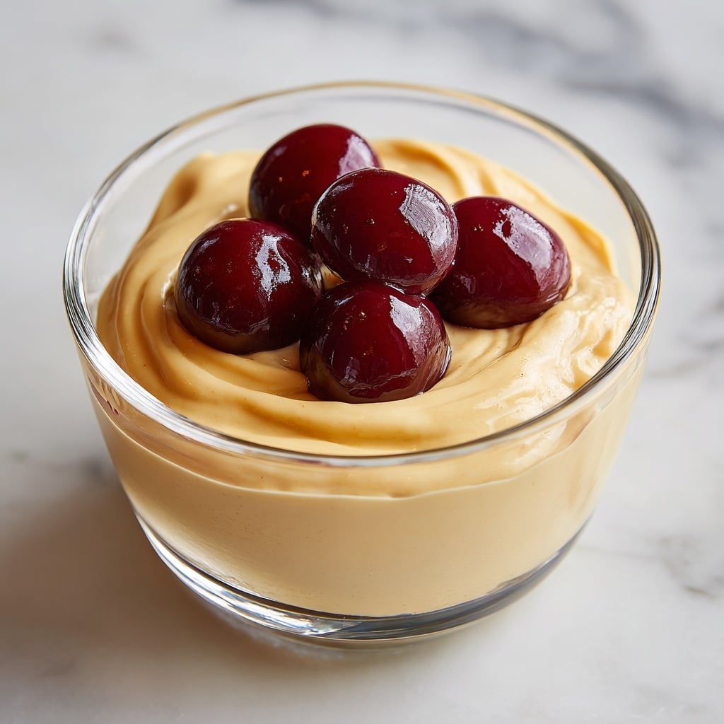 A clear glass bowl filled with two smooth layers of light tan creamy mousse, swirled softly inside the bowl. On top, there is a small dollop of glossy, golden caramel sauce that adds a shiny texture and rich color contrast. The bowl is placed on a white marbled surface, with some blurred sweets in the background. photo taken with an iphone --ar 4:5 --v 7