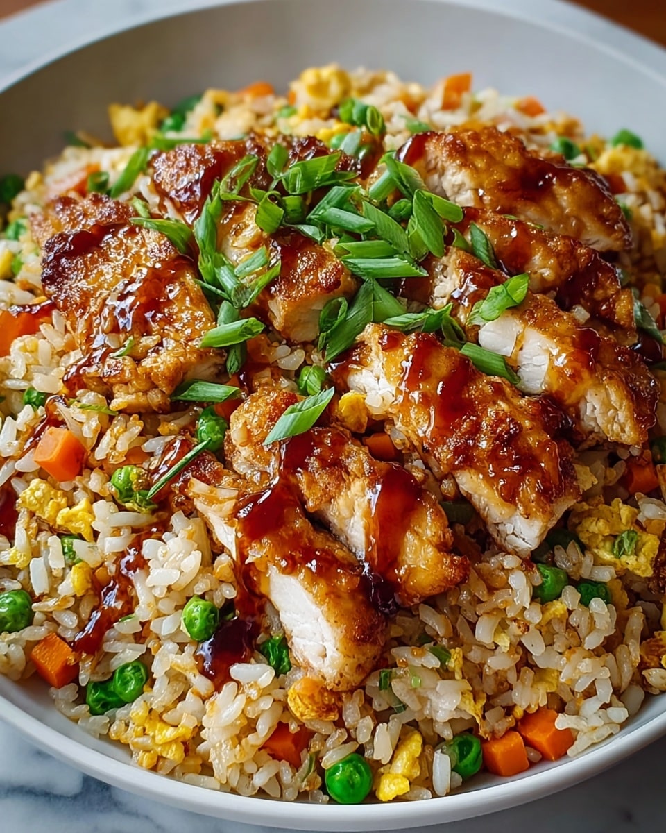A close-up of a bowl filled with fried rice that has golden-brown cooked pieces of chicken on top, coated with a shiny brown sauce. The rice is light brown and mixed with bright green peas, small orange carrot cubes, and bits of yellow scrambled egg scattered evenly throughout. The dish rests in a white bowl on a white marbled surface, showing a rich mix of colors and textures with a glossy finish on the chicken pieces. photo taken with an iphone --ar 4:5 --v 7
