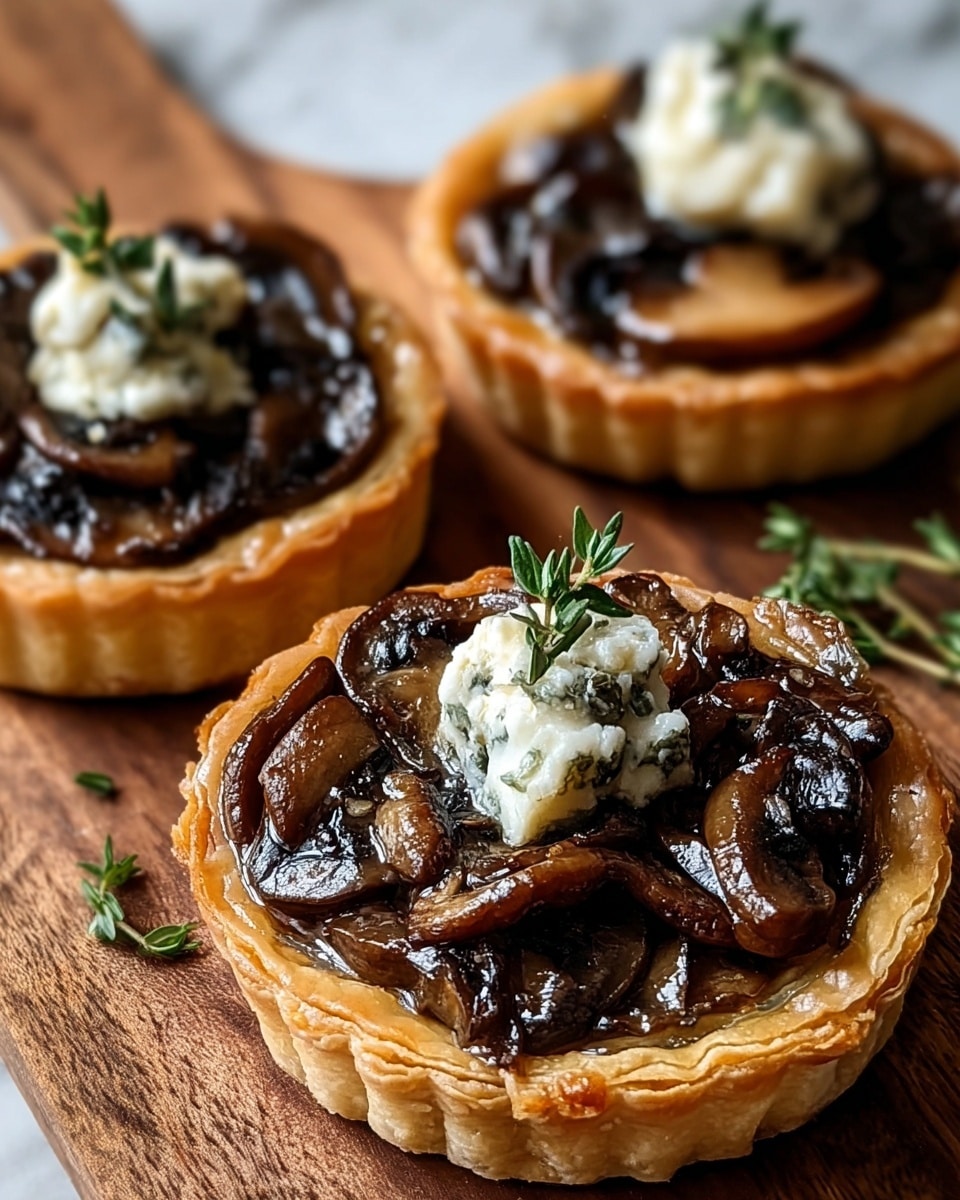The image shows a close-up of a small tart with three visible layers. The base layer is a golden-brown pastry crust with a shiny, flaky texture and scalloped edges. Above the crust is a light, creamy filling topped with dark brown sautéed mushroom slices that have a glossy finish. On top, there are crumbles of white cheese with a speckled pattern of green herbs, and a small sprig of fresh green thyme placed at the center for garnish. The tart rests on a wooden surface with other similar tarts blurred in the background. photo taken with an iphone --ar 4:5 --v 7