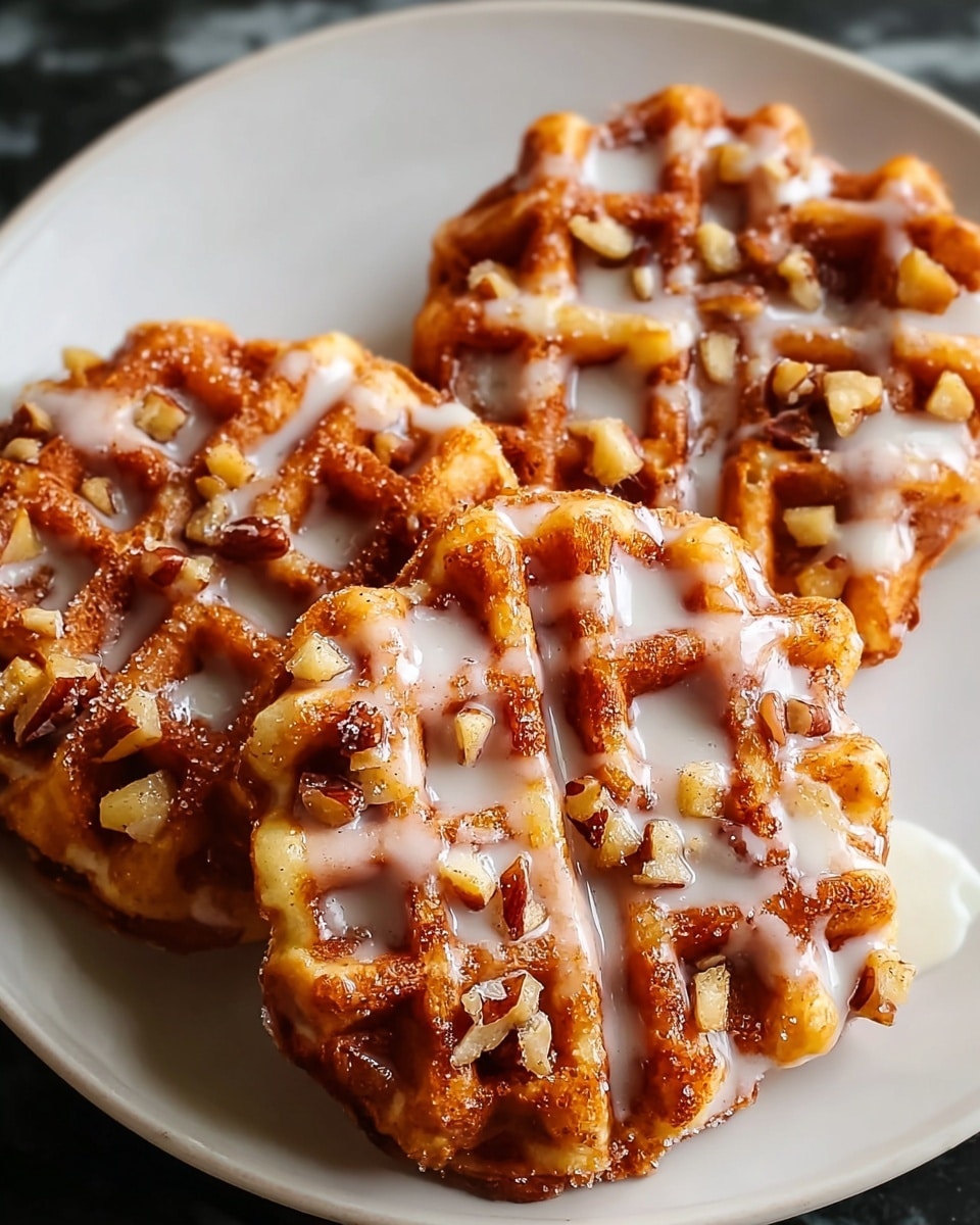 The image shows four round waffles with a golden-brown color and a crisp texture, placed closely together on a white plate. Each waffle has visible small nut pieces embedded on the surface, adding a crunchy look. They are drizzled generously with a smooth white glaze that creates a shiny effect and some glaze has dripped onto the plate. The waffles have a grid pattern with deep pockets, accentuating their texture, and the overall scene sits on a white marbled surface. photo taken with an iphone --ar 4:5 --v 7
