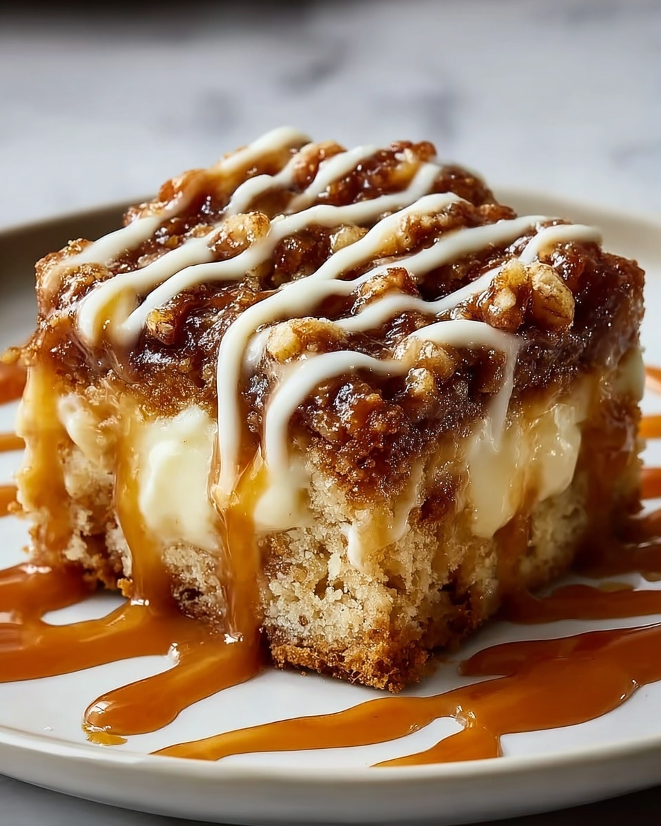 A close-up view of a thick dessert slice with three visible layers: a creamy light beige bottom layer, a middle layer with a mix of soft bread-like texture and cinnamon swirls, and a top layer with a darker, crispier cinnamon topping. The whole slice is covered with shiny, rich caramel sauce drizzled unevenly over the top and dripping onto the white plate below, all set against a white marbled texture. photo taken with an iphone --ar 4:5 --v 7
