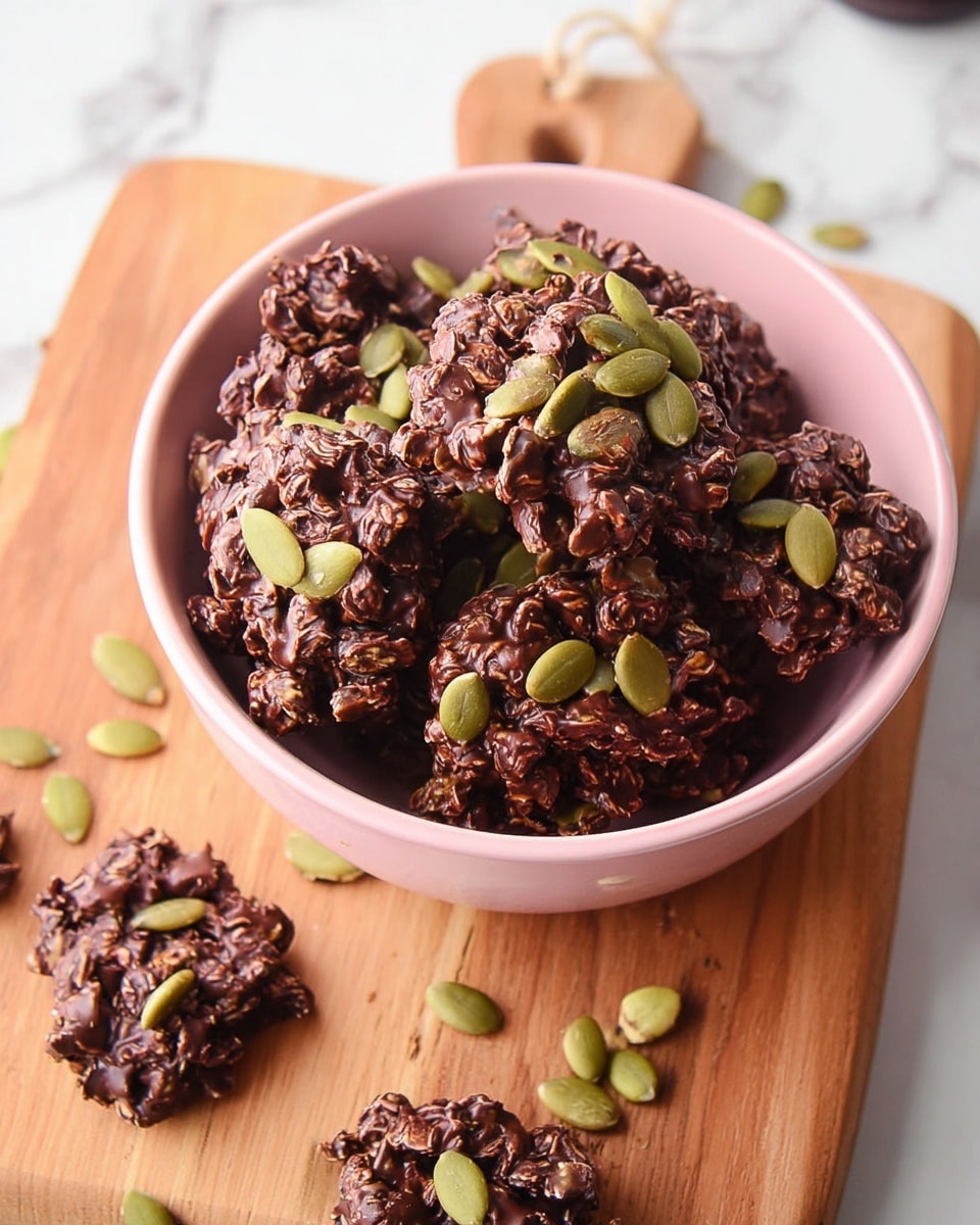 A small pink bowl filled with several dark brown chocolate clusters covered with small light brown seeds; scattered bright green pumpkin seeds sit on top of the clusters and around the bowl; the bowl is placed on a wooden board, which sits on a white marbled surface in the background. photo taken with an iphone --ar 4:5 --v 7