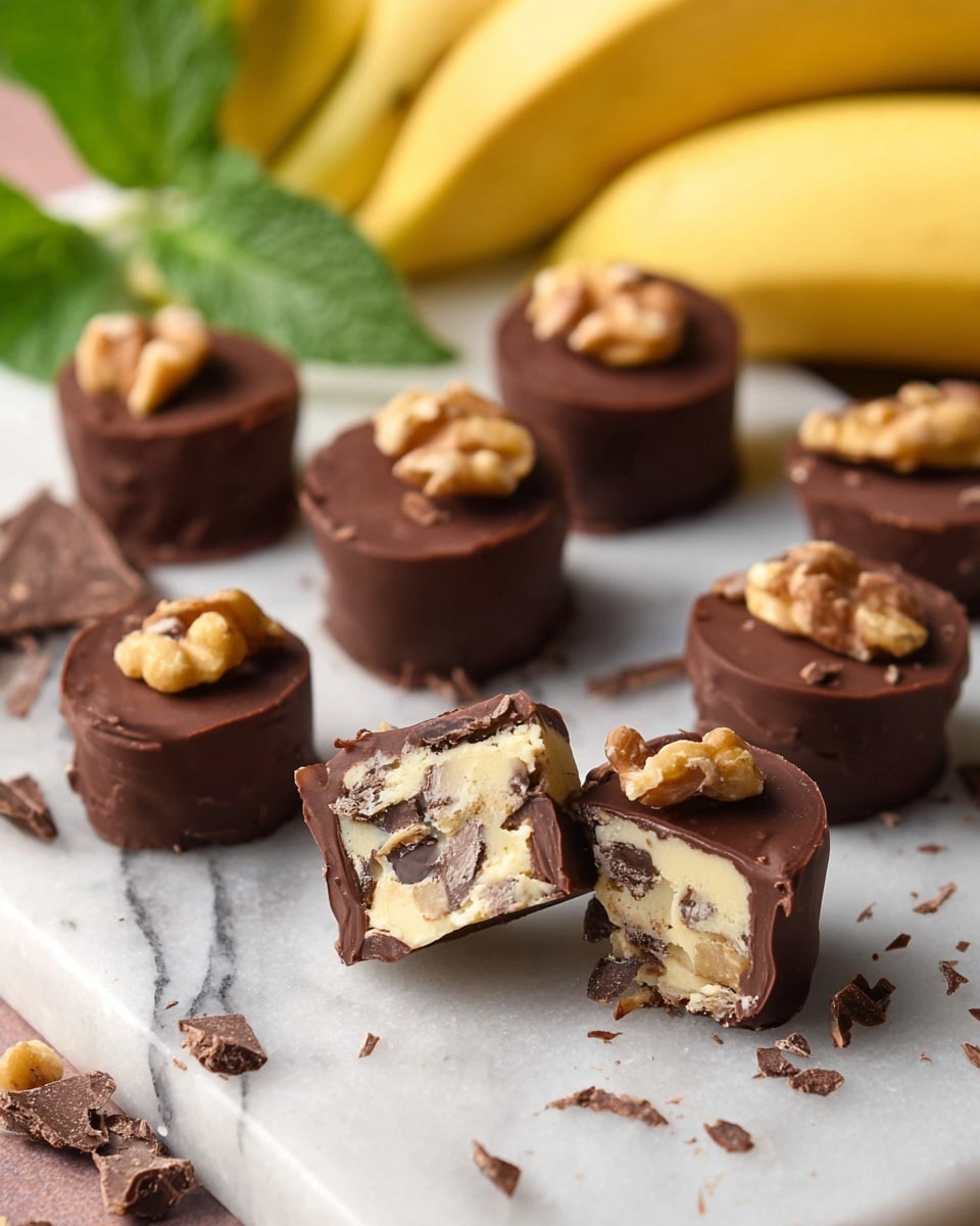 The image shows several square-shaped chocolate covered treats stacked and arranged closely on a white marbled surface. Each treat is coated in a smooth, dark brown chocolate layer with some chocolate drizzled on top and small walnut pieces sprinkled over each one. One piece is cut in half and balanced on top of the stack, revealing a creamy, light beige center filled with bits of nuts and chocolate chunks, showing three layers: the outer chocolate shell, the creamy nutty filling, and embedded dark chocolate pieces. Scattered walnut halves add texture and color contrast around the treats, and blurred green leaves and bananas form a soft background. Photo taken with an iphone --ar 4:5 --v 7