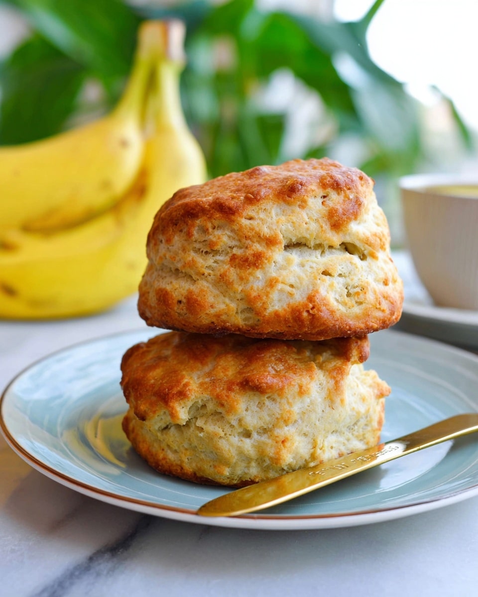 Two golden brown scones are stacked on a white plate with a light blue center, showing a rough textured crust with small cracks and air holes on the top and sides. A shiny gold knife rests on the plate beside the scones. The background includes blurry bunches of bright yellow bananas and green leaves against a white marbled surface. Photo taken with an iphone --ar 4:5 --v 7