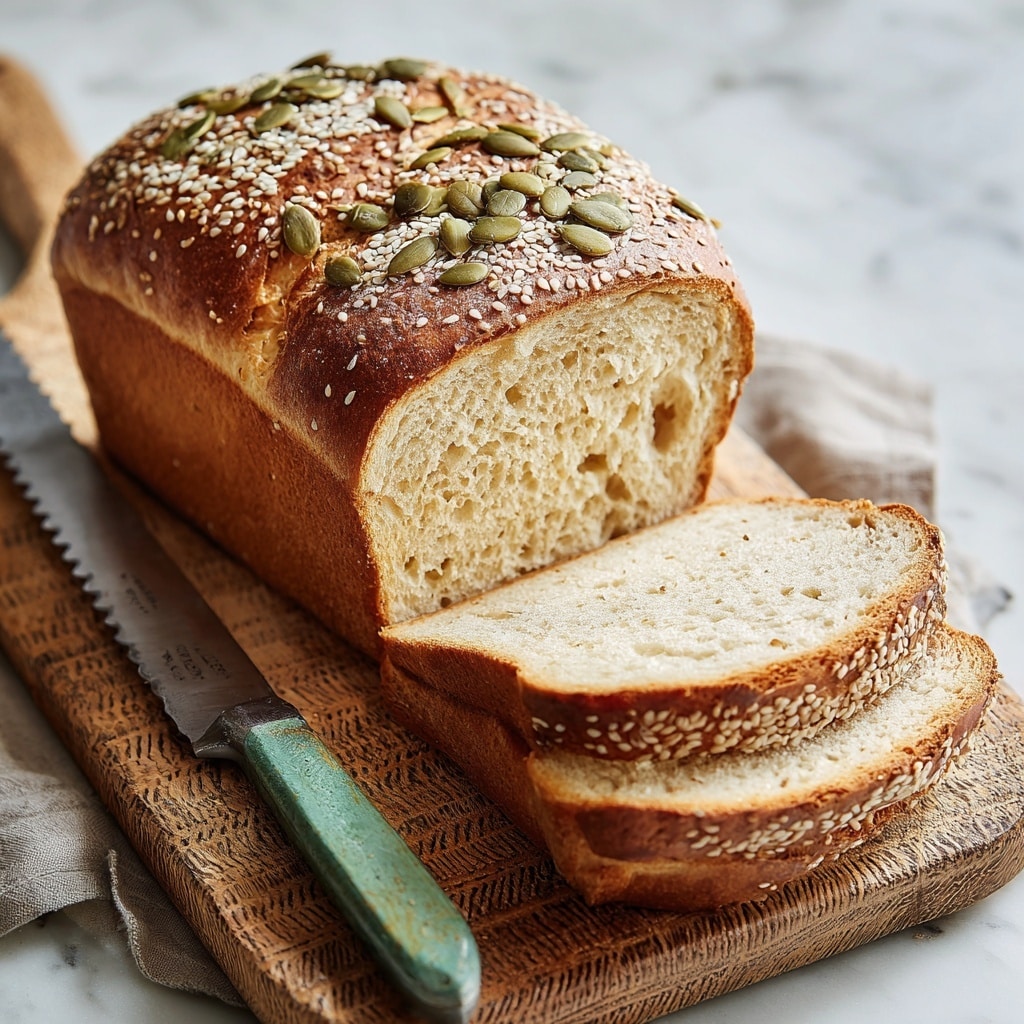 A loaf of bread with a rough, golden brown crust sits on a black wire cooling rack over a white marbled surface. The top of the bread is decorated with a mix of white sesame seeds and large green pumpkin seeds scattered evenly. The bread's texture looks dense and slightly cracked, with a darker, firm bottom crust and a lighter golden top crust. The overall shape is rectangular with rounded edges. photo taken with an iphone --ar 4:5 --v 7