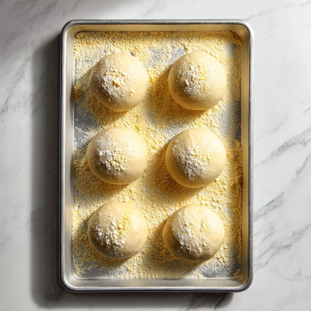 Six round dough balls are placed in two vertical rows on a baking sheet. The surface of the sheet is covered with a yellow powder, likely cornmeal, giving a grainy texture underneath. Each dough ball is sprinkled lightly on top with the same yellow powder. The dough balls have a soft, slightly uneven texture with a pale beige color. The whole setup is clean and simple, with natural lighting showing soft shadows around the dough. The background is changed to a white marbled texture to emphasize the dough balls clearly. photo taken with an iphone --ar 4:5 --v 7
