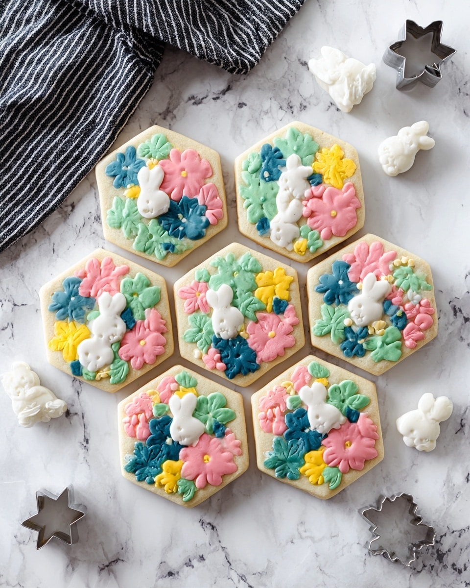 Seven hexagon-shaped cookies lie on a white marbled surface, each decorated with colorful shapes resembling flowers, leaves, and small bunny figures in layers. The base layer of each cookie is a pale beige color, while the shapes on top come in bright pink, green, blue, yellow, and white, arranged evenly across the surface. The decorations have a soft, slightly raised texture, adding depth. Around the cookies, several small white and silver cookie cutters shaped like bunnies and flowers are scattered. A black and white striped cloth rests in the top left corner. photo taken with an iphone --ar 4:5 --v 7