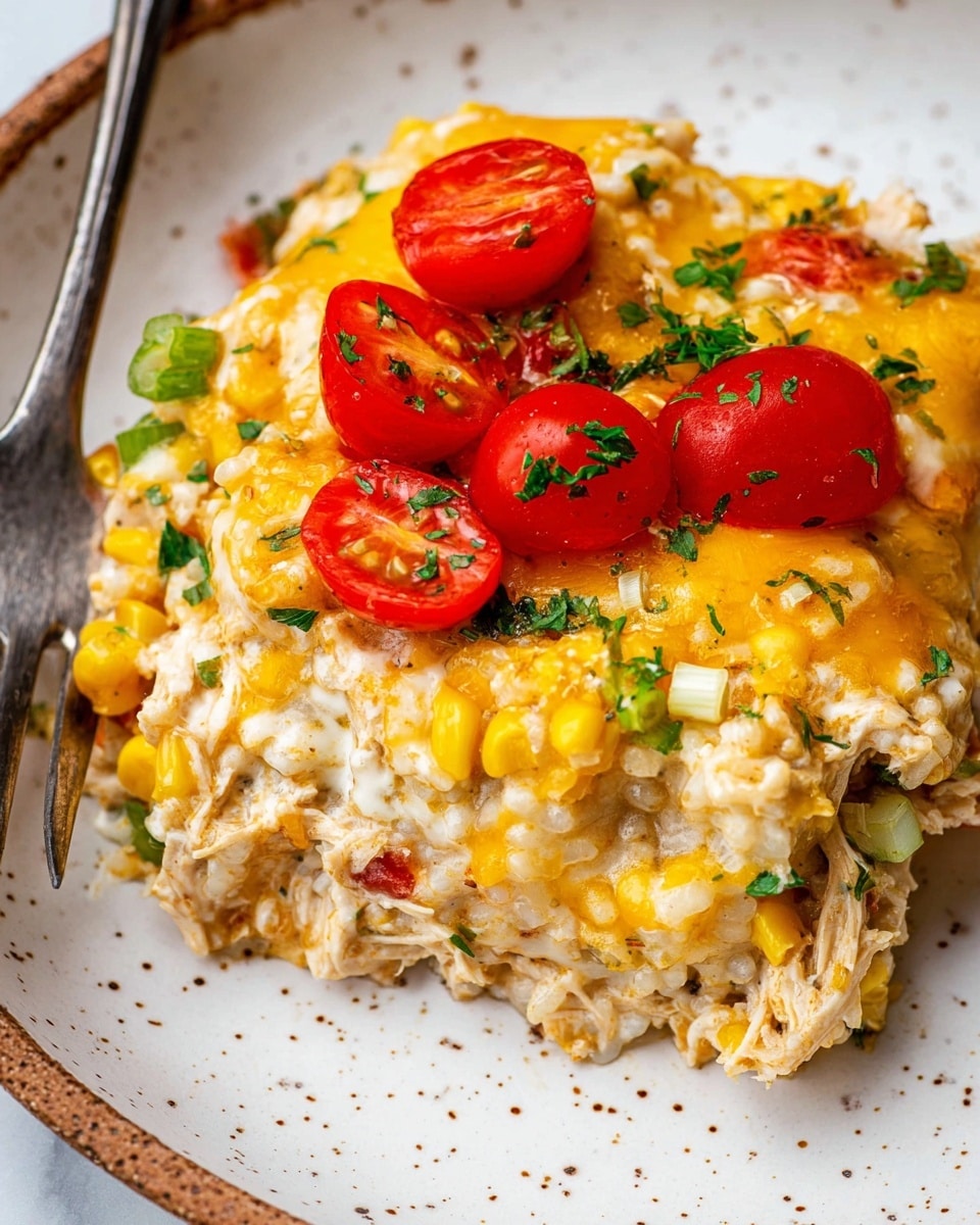 A close-up view of a creamy baked casserole layered with a mix of rice, shredded chicken, sweet corn, and green onions. The top layer is covered in melted yellow and white cheese with a slightly golden brown edge, sprinkled with chopped green herbs. Bright red cherry tomato halves are scattered on top, adding a fresh pop of color. The dish sits on a white plate with brown speckles, and a fork is partially visible on the left side against a white marbled textured background. Photo taken with an iphone --ar 4:5 --v 7