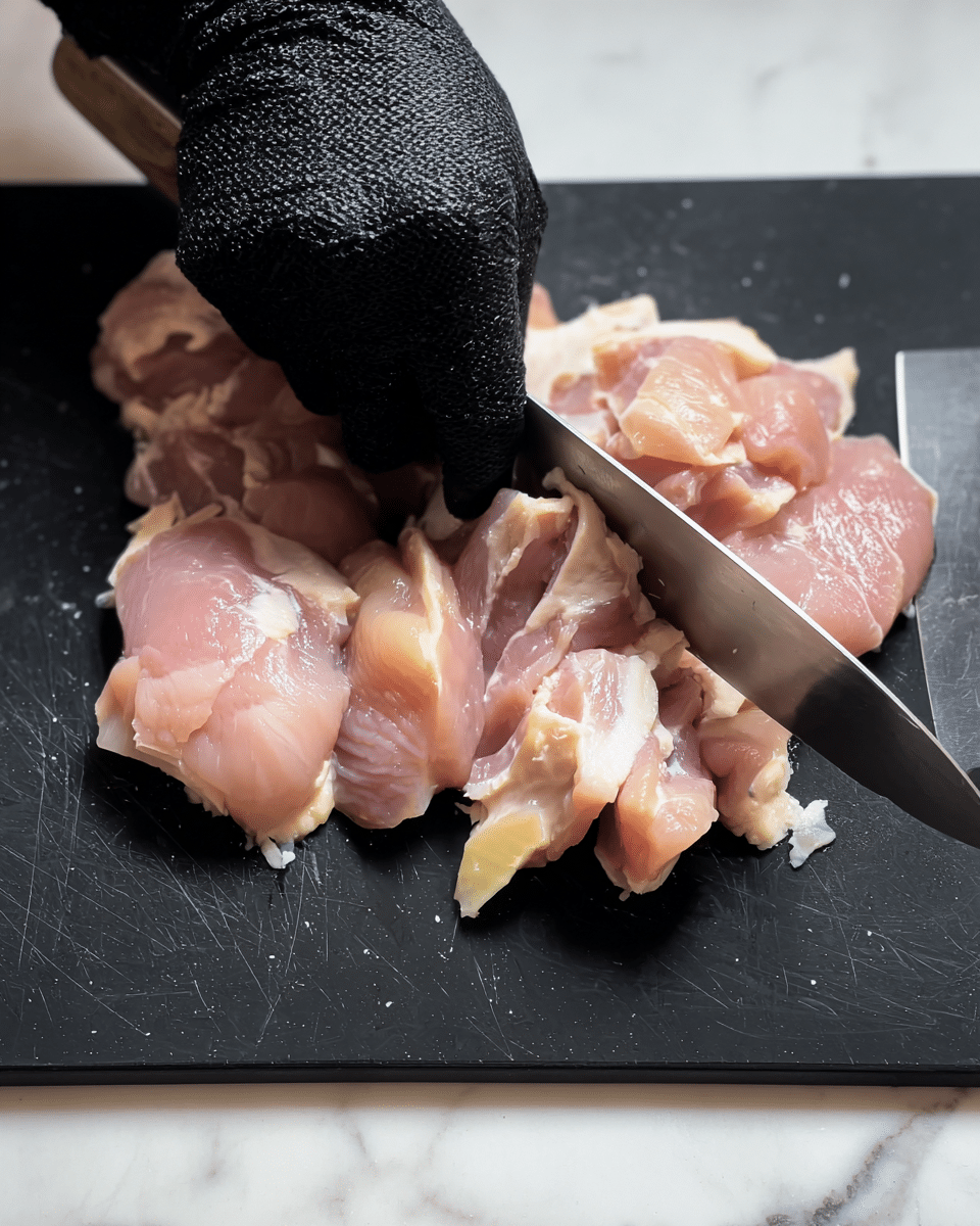 Raw chicken pieces are spread on a black cutting board placed over a white marbled surface. The chicken shows layers of pale pink meat and some yellowish fat on the edges. A woman's hand wearing a snug black glove holds one piece steady while using a large knife to slice through the meat, creating thinner, square-like sections. The knife reflects light and contrasts sharply against the soft texture of the chicken. Photo taken with an iphone --ar 4:5 --v 7