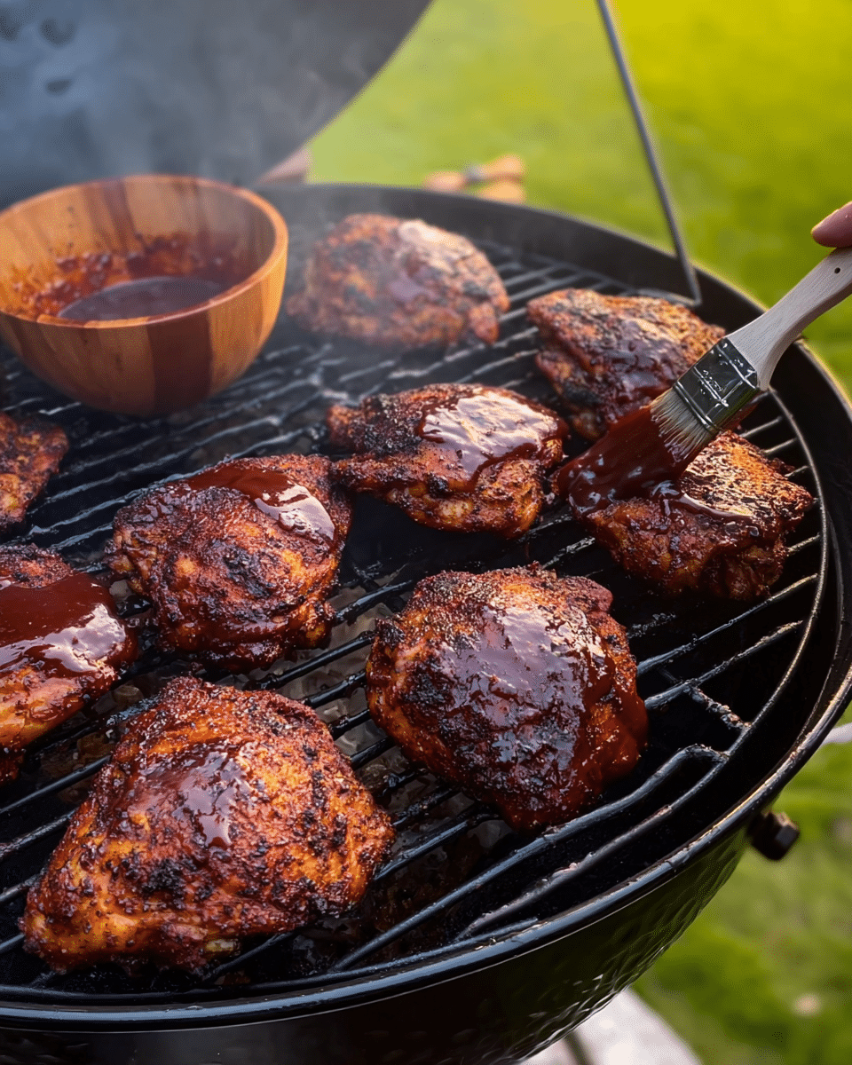 A black plate is heaped with several grilled chicken pieces showing a rich, dark brown and charred crust, with hints of red spices and crispy texture visible across the skin. The chicken pieces vary in shape, with drumsticks and thighs clearly identifiable, piled high and sprinkled lightly with fresh green herbs, adding a touch of color. The background includes a blurred black jacket and a wood cutting board beneath the plate. The photo is vibrant with natural lighting highlighting the chicken's crispy seasoning and glossy charred spots photo taken with an iphone --ar 4:5 --v 7