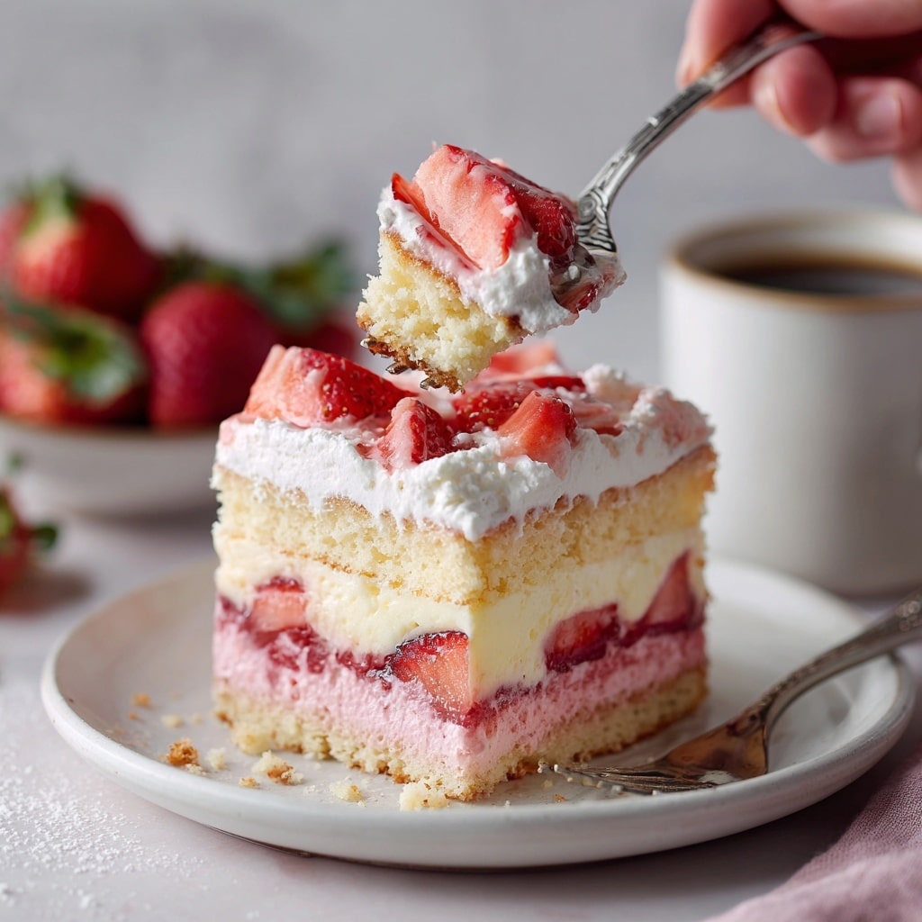 A square piece of pink strawberry cake sits on a white plate with a smooth white marbled background. The cake has three visible layers: the bottom layer is a soft, moist pink sponge, the middle layer is a light yellow custard cream that looks smooth and slightly drippy, and the top is a thick layer of white whipped cream crowned with fresh chopped red strawberries that add a juicy texture. A bite is taken out of the cake, showing the softness inside, and crumbs are scattered on the plate. Above it, a woman's hand holds a silver fork lifting a piece of the cake topped with whipped cream and two strawberry halves. In the background, more of the full cake is seen with the same layers, as well as a white bowl full of strawberries and a white cup of dark coffee. Photo taken with an iphone --ar 4:5 --v 7