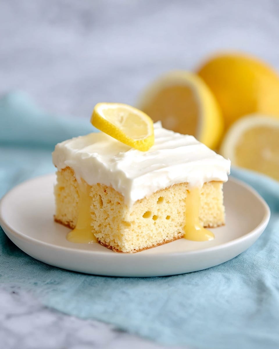 A square piece of light yellow cake sits on a white plate, showing two visible layers: a moist, crumbly cake base with a smooth, pale yellow creamy layer soaking into the sides near the bottom, topped with a thick, even layer of white whipped frosting. A fresh lemon wedge with bright yellow skin and pale yellow interior rests gently on top. The plate is placed on a light blue fringed cloth on a white marbled surface, with a blurred metal baking pan filled with the same cake in the background. A fork rests beside the plate. photo taken with an iphone --ar 4:5 --v 7